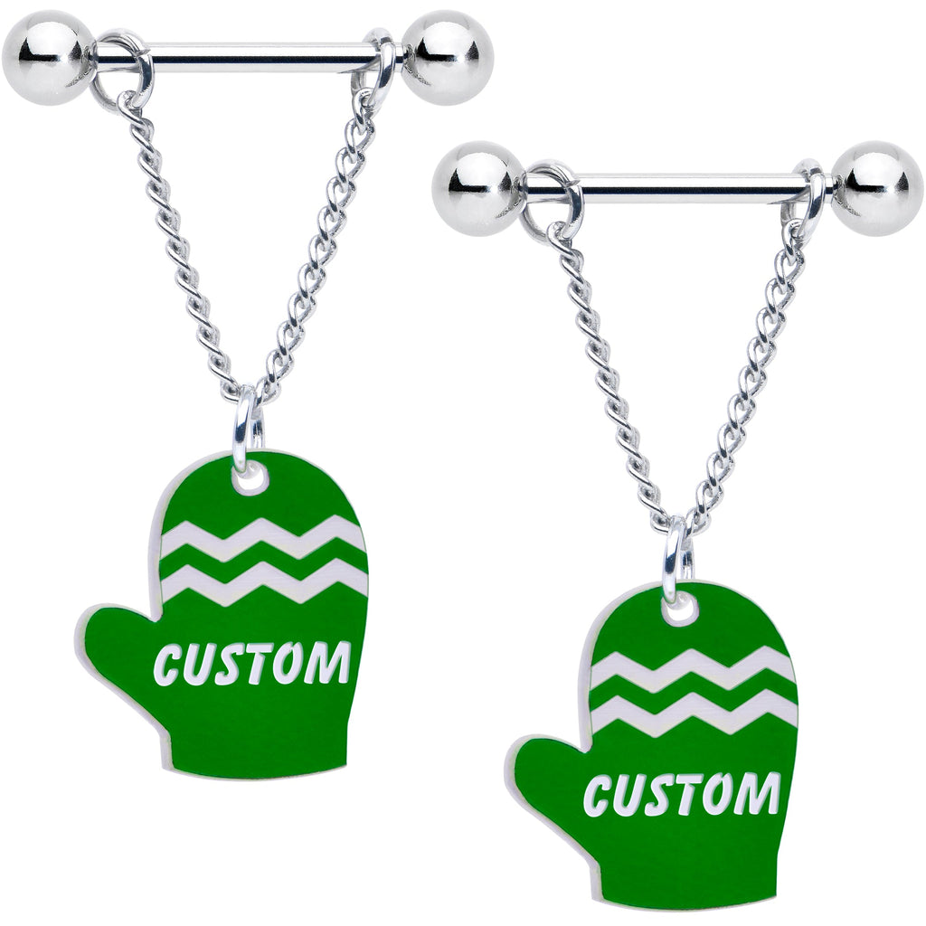 BodyCandy Custom Holiday Mittens Personalized Dangle Barbell Nipple Ring Set — in-use photo