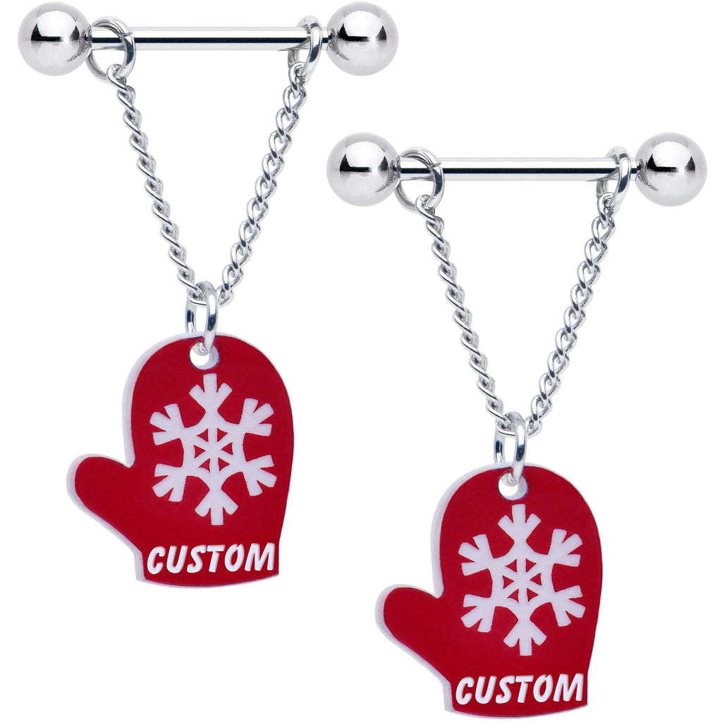 BodyCandy Custom Holiday Mittens Personalized Dangle Barbell Nipple Ring Set — main product shot