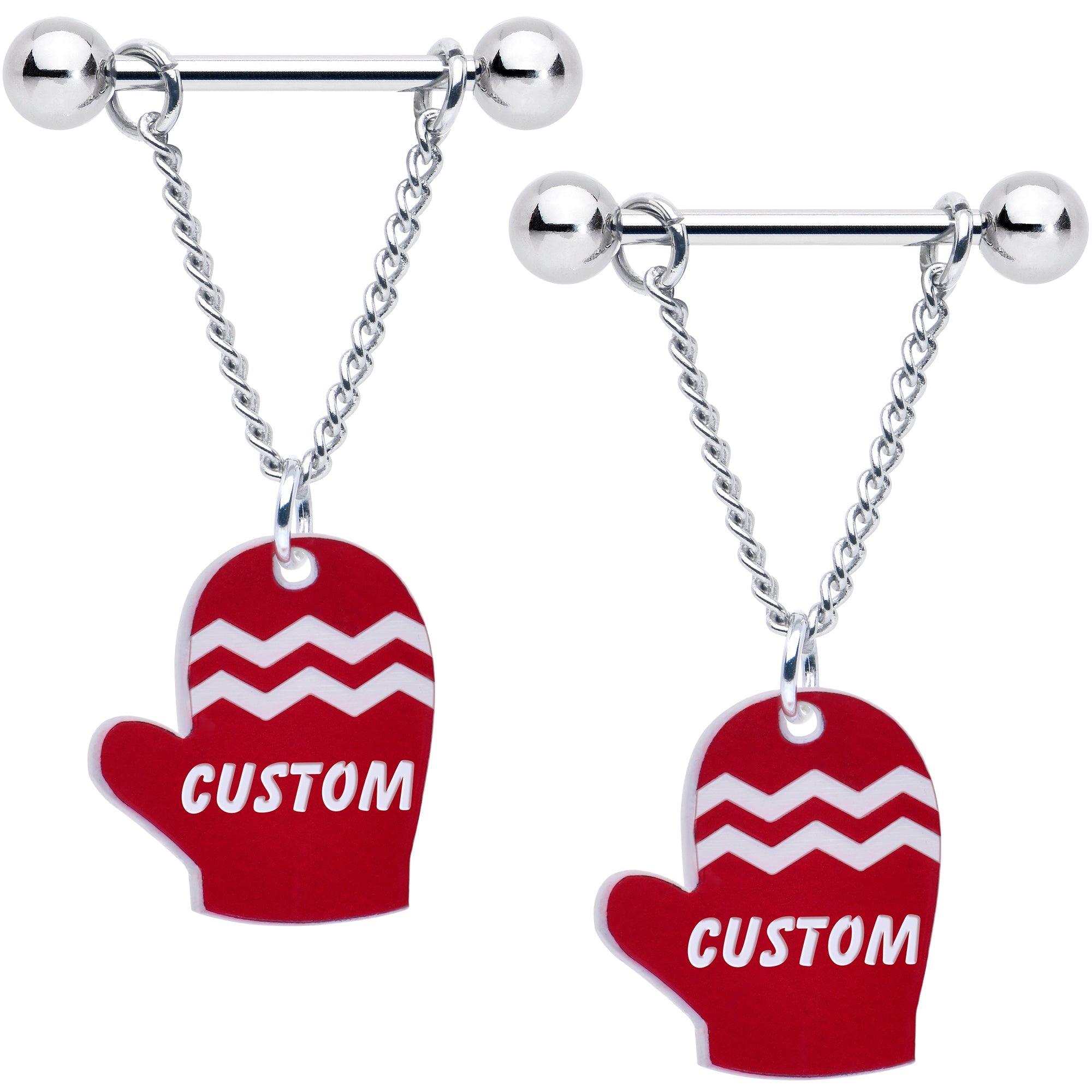BodyCandy Custom Holiday Mittens Personalized Dangle Barbell Nipple Ring Set — lifestyle context