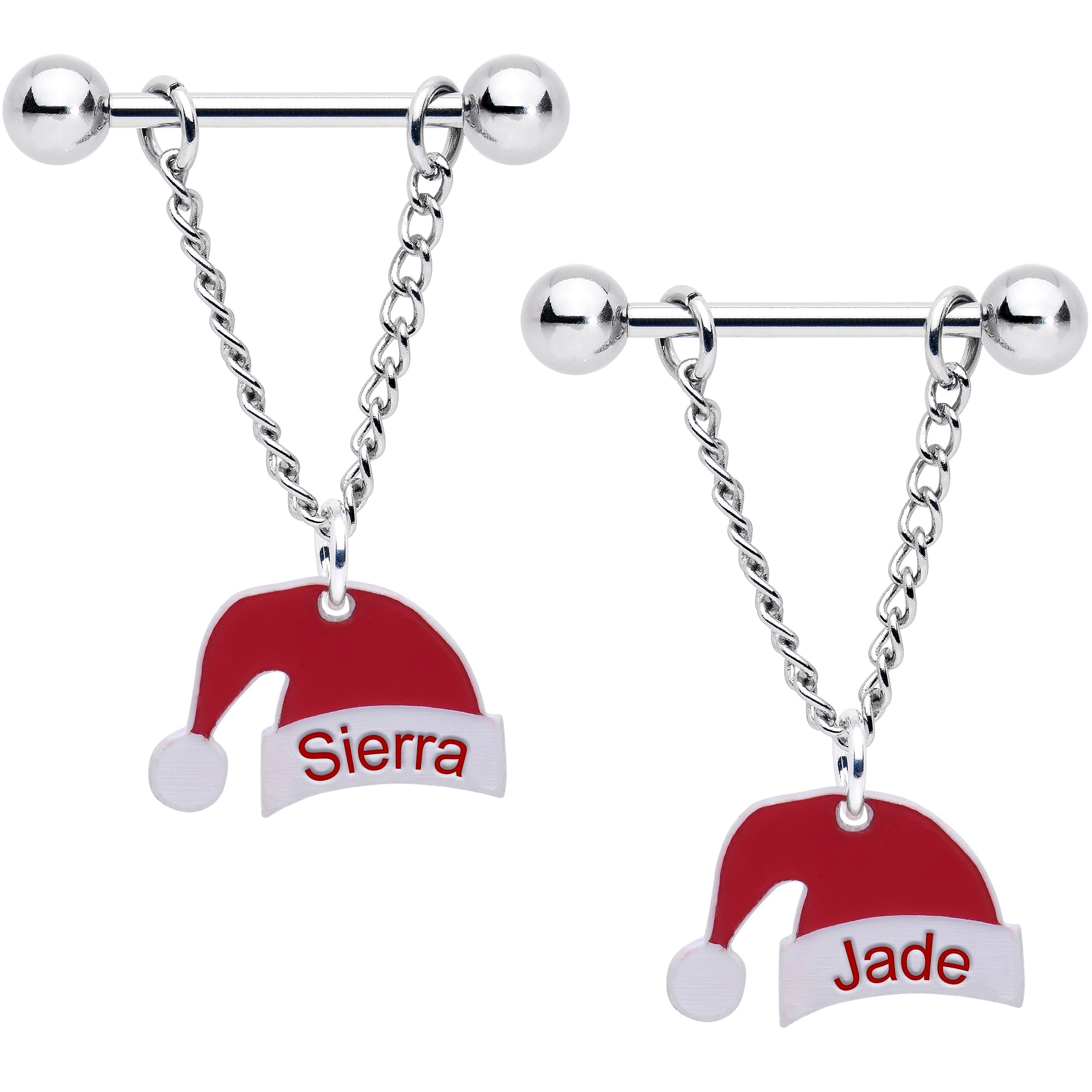 BodyCandy Custom Santa Hat Personalized Dangle Barbell Nipple Ring Set — detail close-up