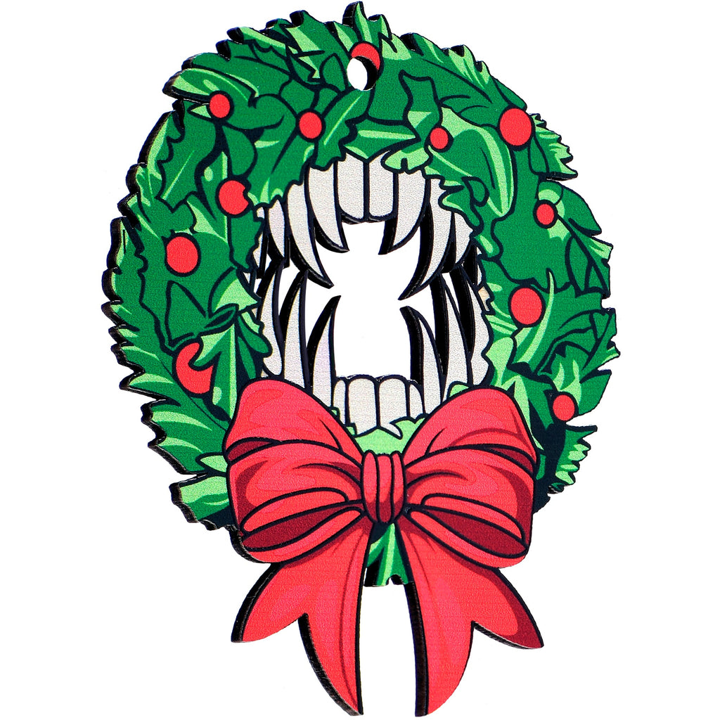 BodyCandy Wood Holiday Vampire Wreath Christmas Ornament — detail close-up