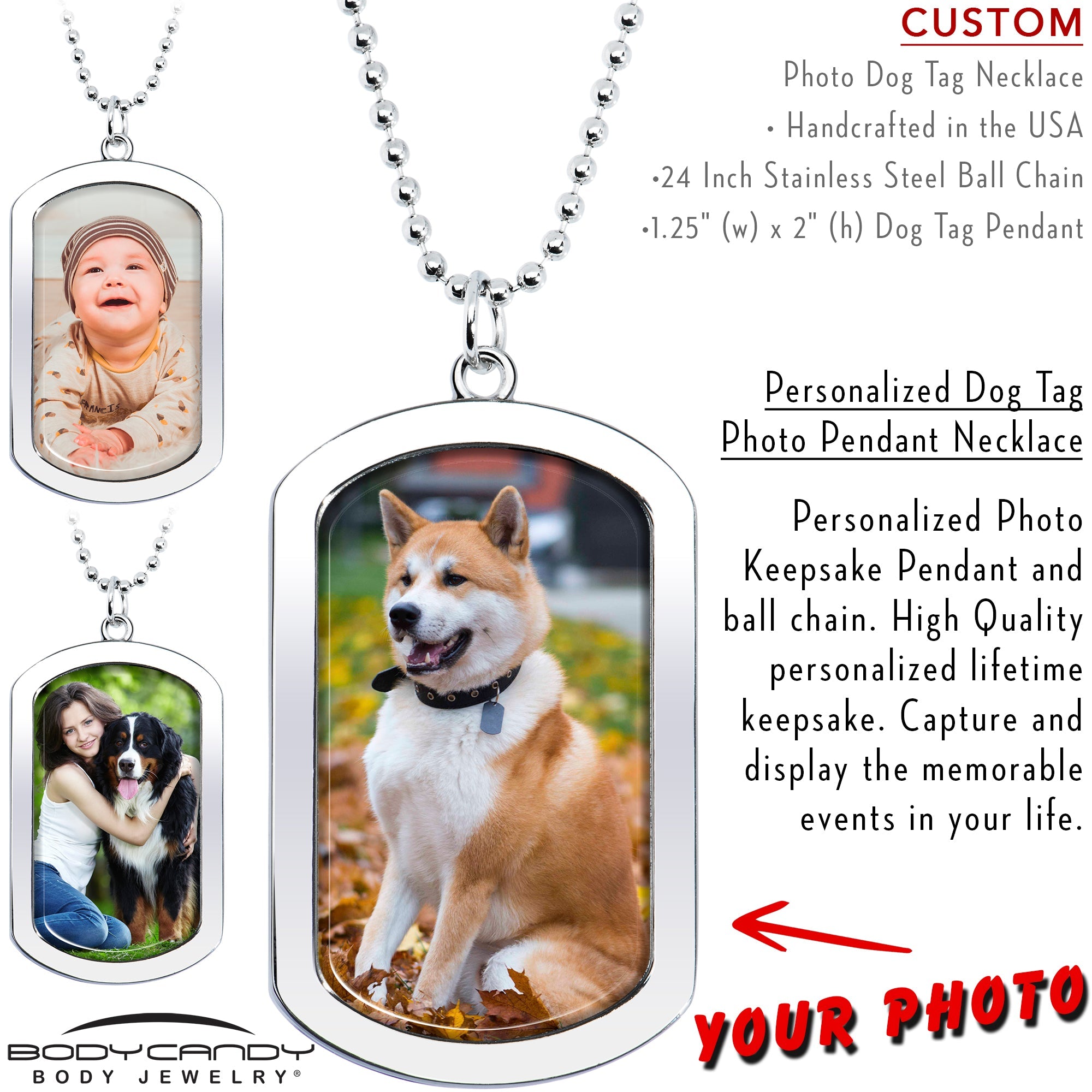 BodyCandy Personalized Dog Tag Photo Pendant Necklace — detail close-up