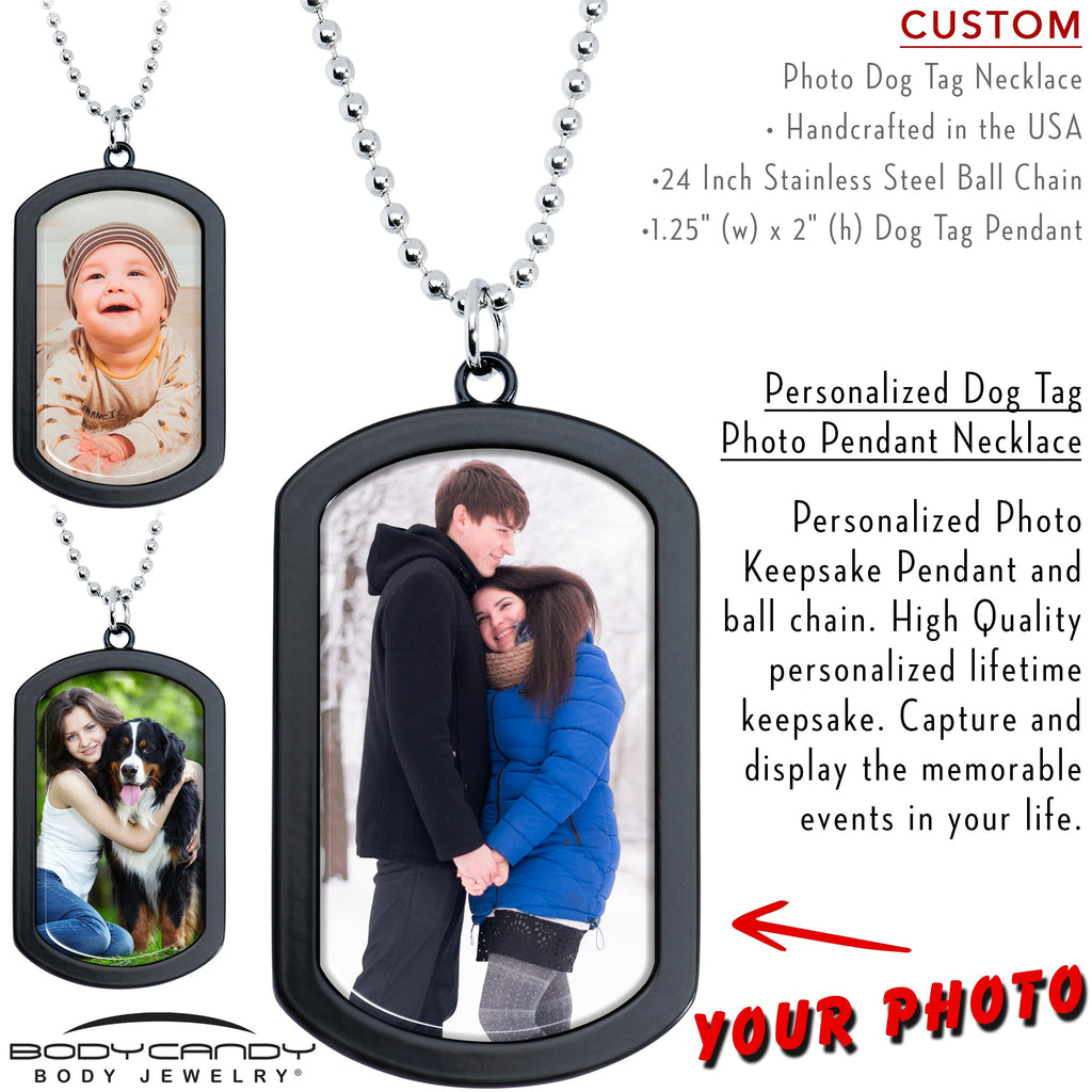 BodyCandy Personalized Black Dog Tag Photo Pendant Necklace — detail close-up