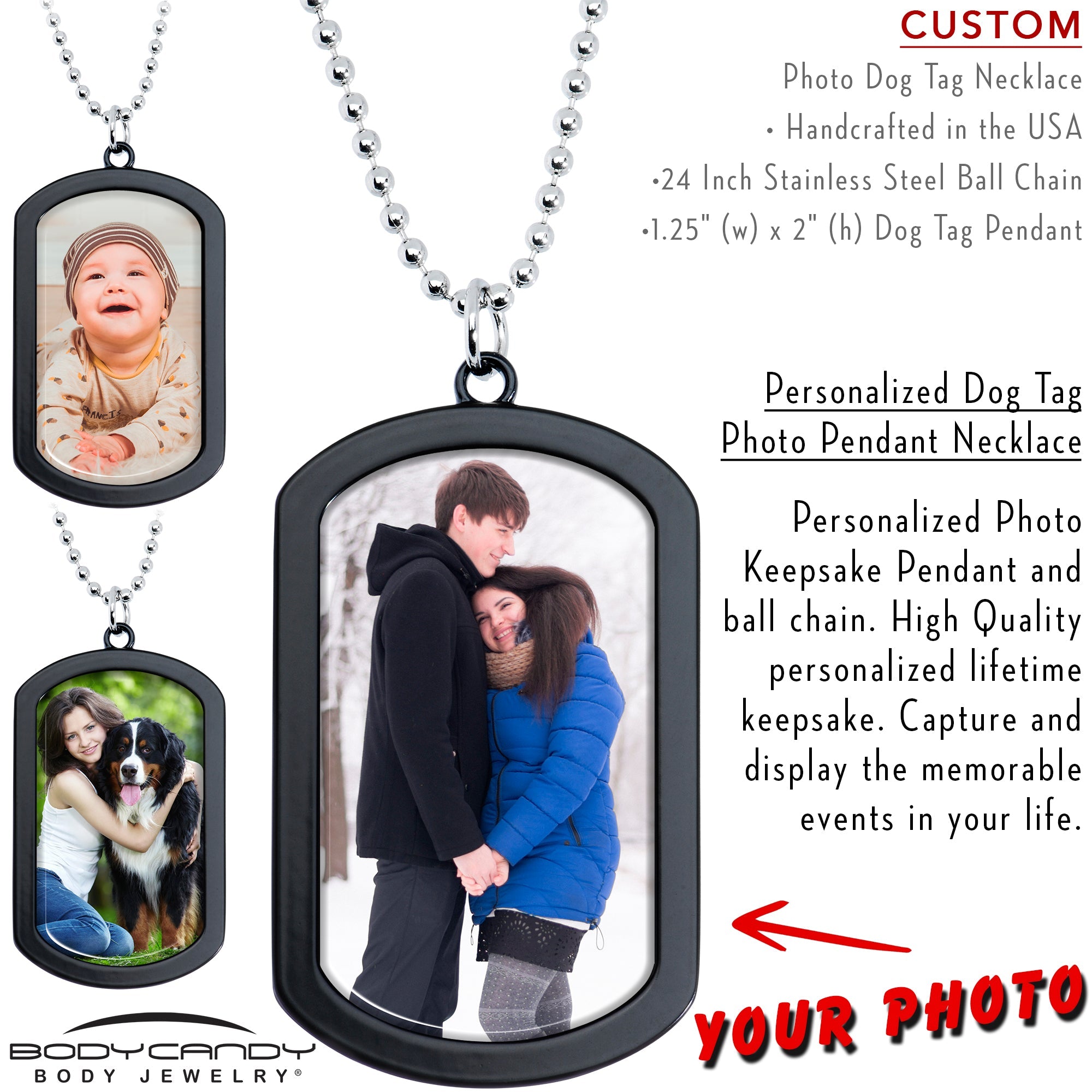 BodyCandy Personalized Black Dog Tag Photo Pendant Necklace — detail close-up