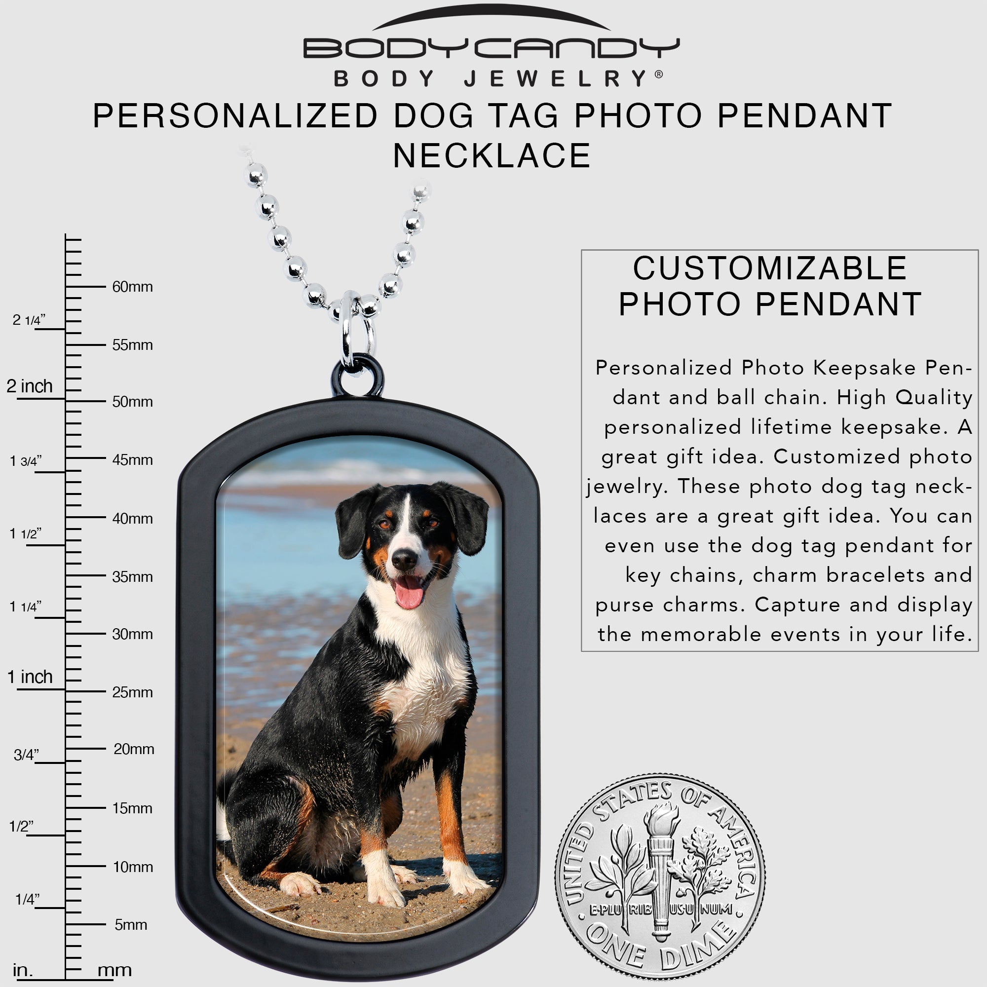 BodyCandy Personalized Black Dog Tag Photo Pendant Necklace — side view