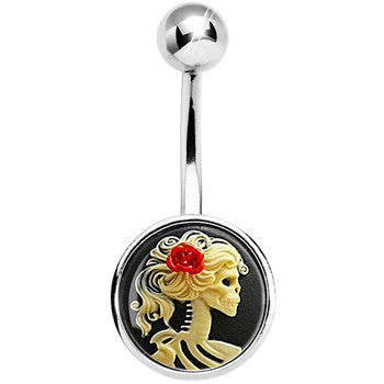 BodyCandy Red Rose Flower Skeleton Cameo Belly Ring — detail close-up