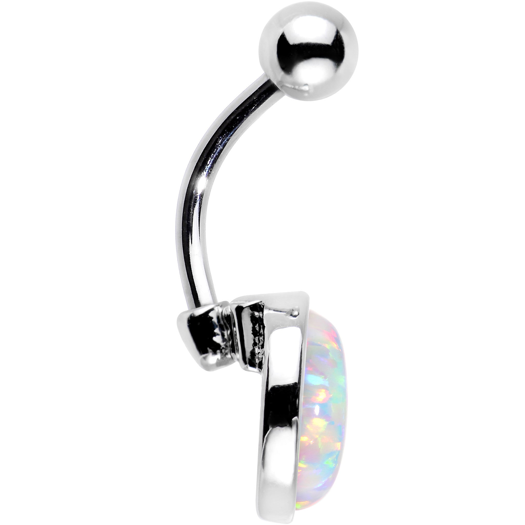 BodyCandy Wear Me White Synthetic Opal Stainless Steel Bottom Mount Belly Ring — detail close-up
