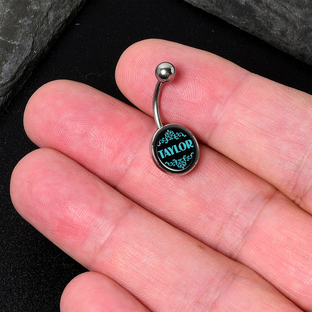 BodyCandy Custom Teal Personalized Name Belly Ring — BodyCandy branding close-up