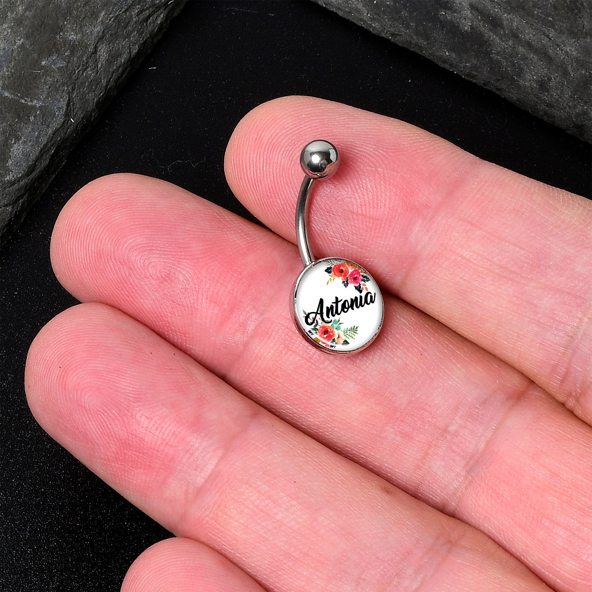 BodyCandy Custom Floral Personalized Name Belly Ring — construction detail