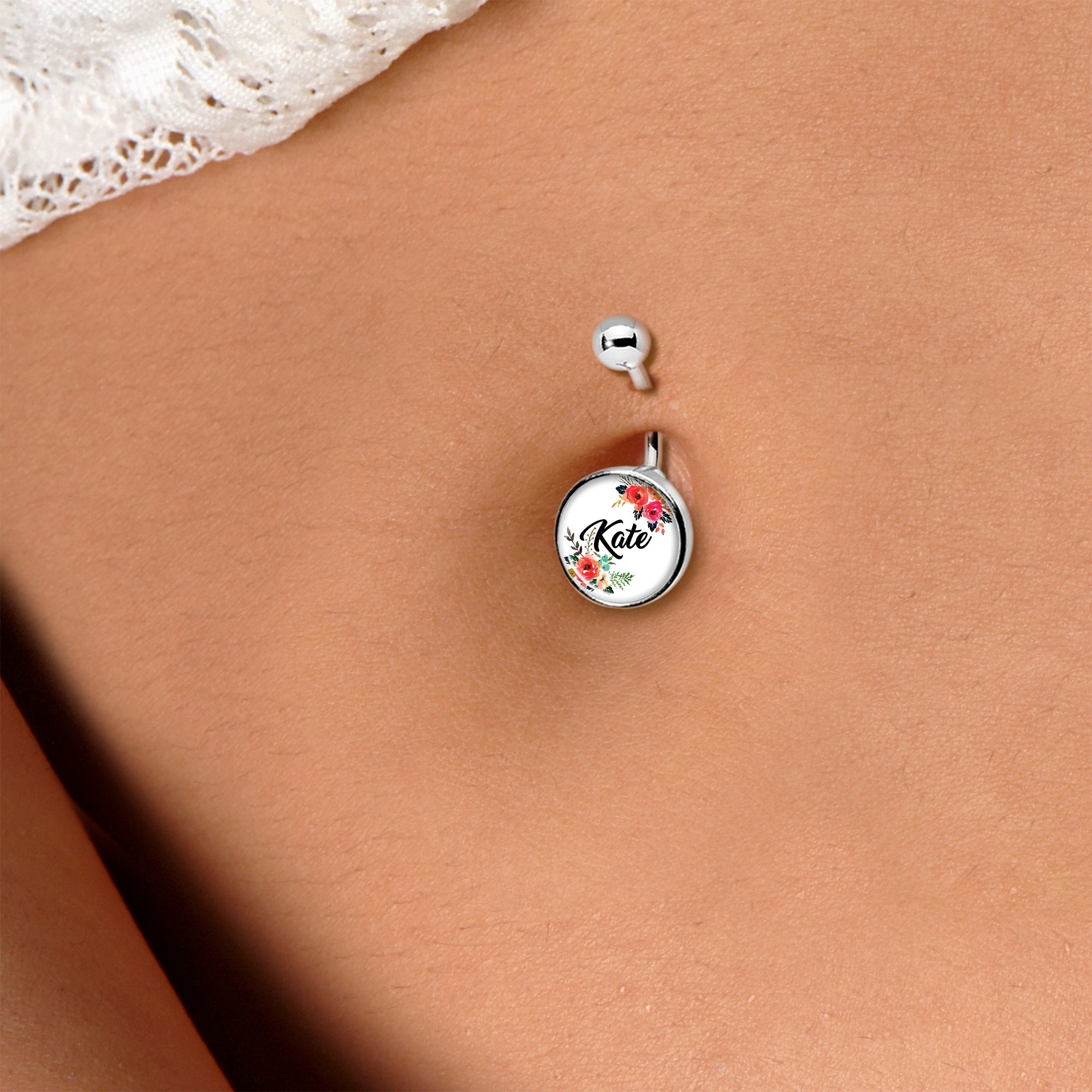BodyCandy Custom Floral Personalized Name Belly Ring — belly ring category context