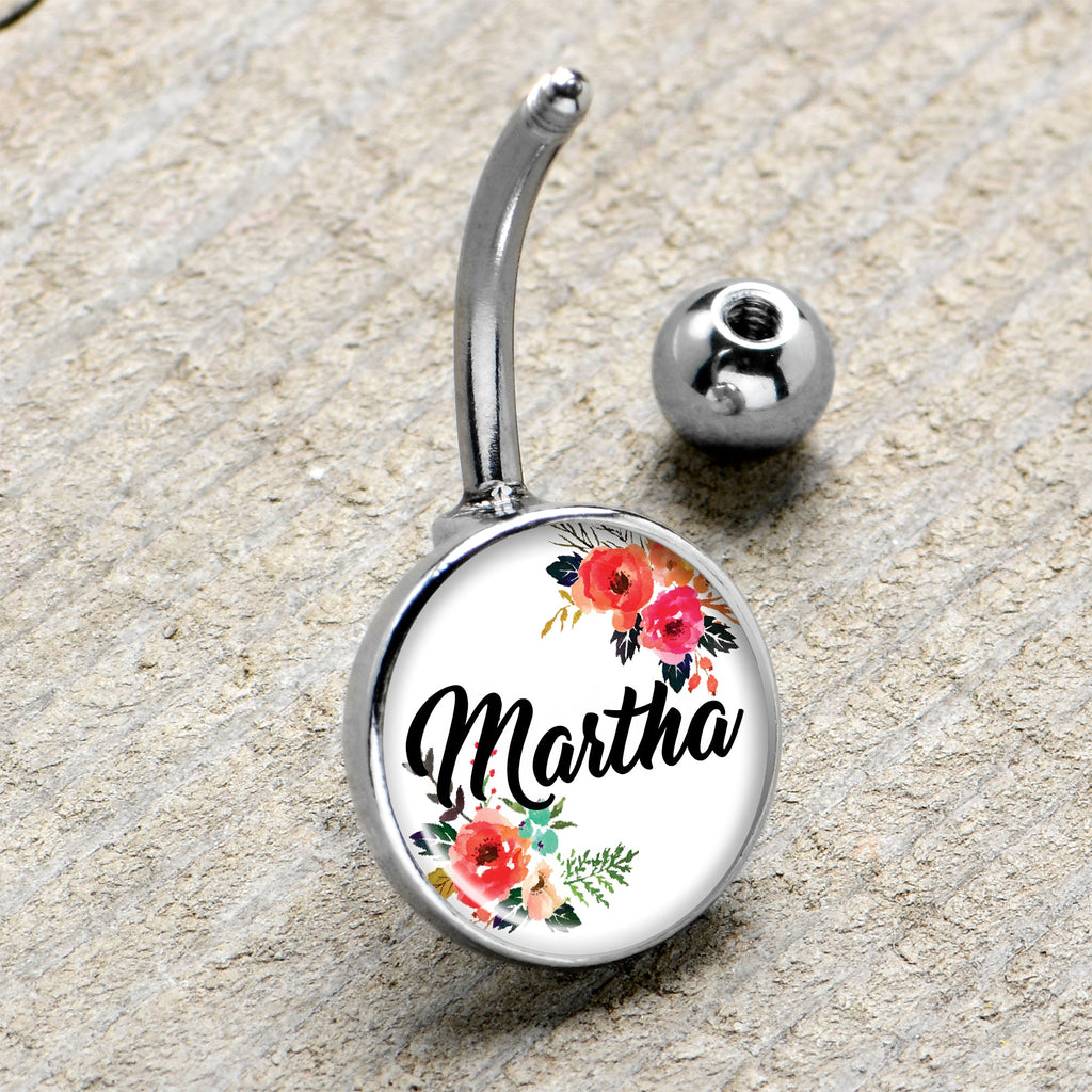 BodyCandy Custom Floral Personalized Name Belly Ring — BodyCandy branding close-up