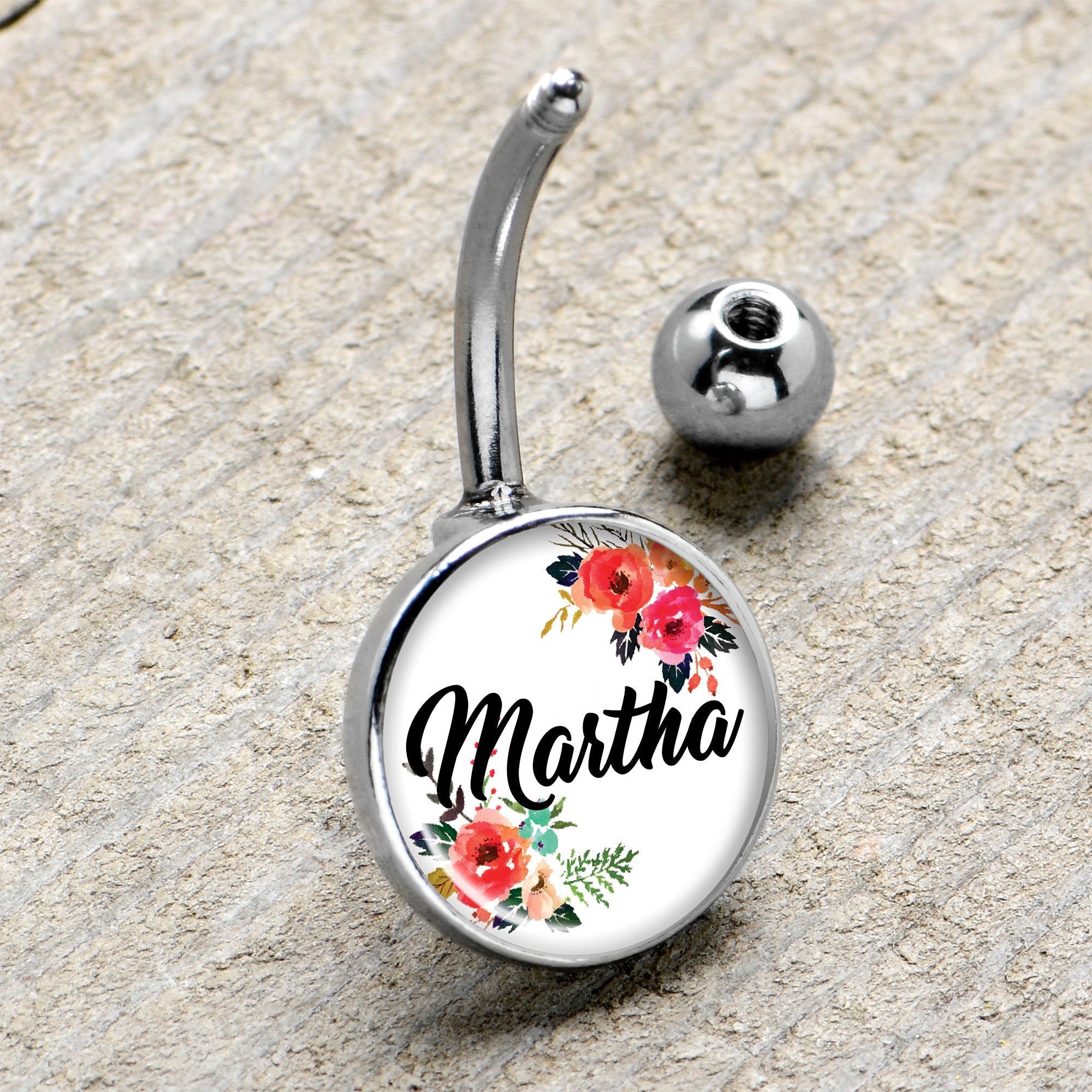 BodyCandy Custom Floral Personalized Name Belly Ring — BodyCandy branding close-up