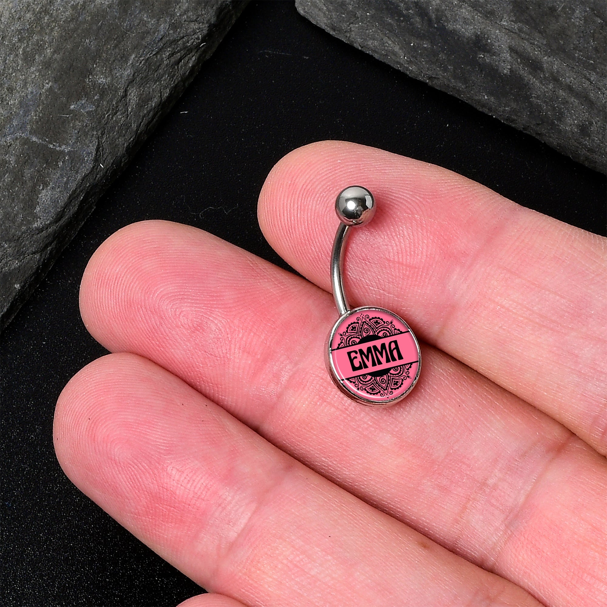 BodyCandy Custom Pink Mandala Personalized Name Belly Ring — Pink detail