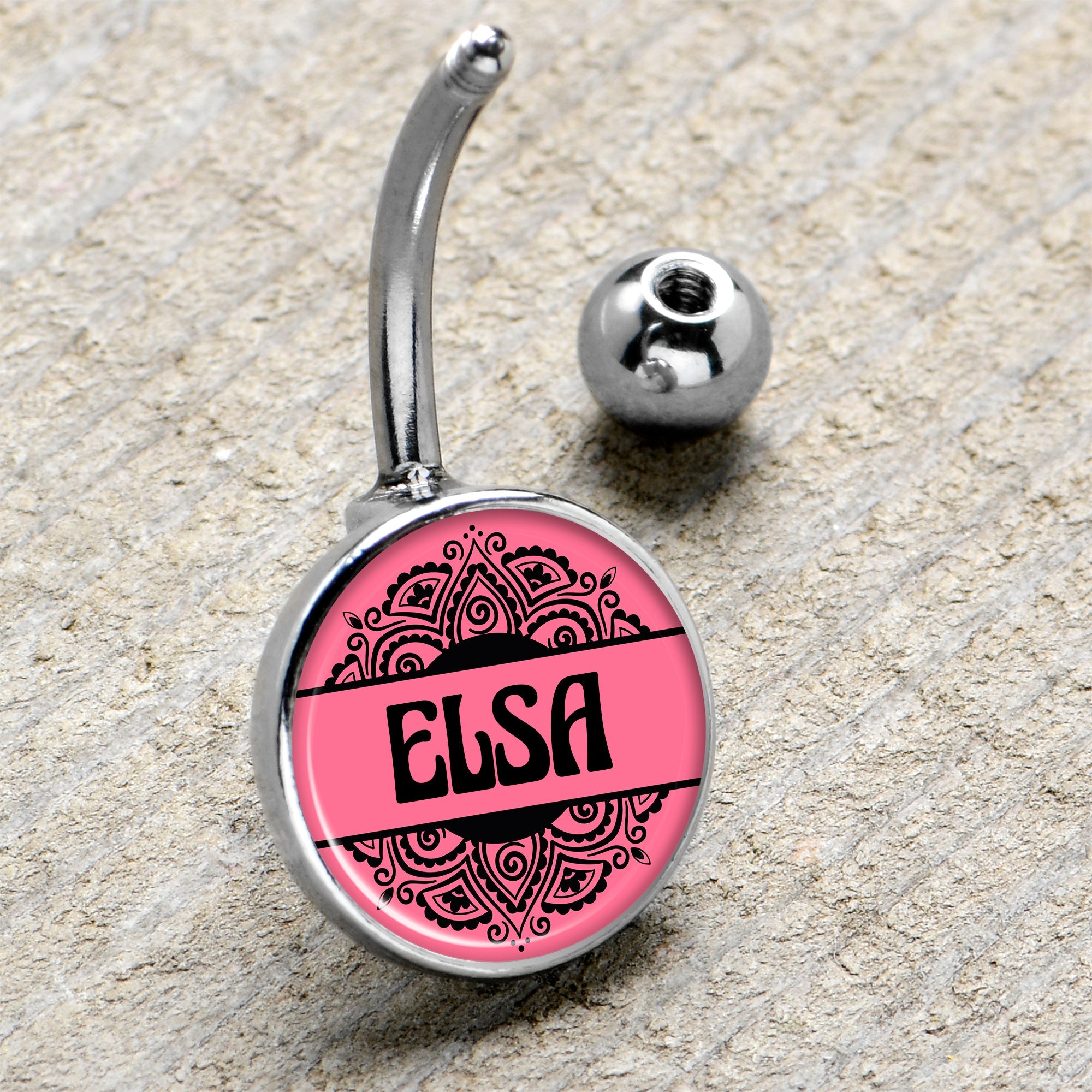 BodyCandy Custom Pink Mandala Personalized Name Belly Ring — BodyCandy branding close-up