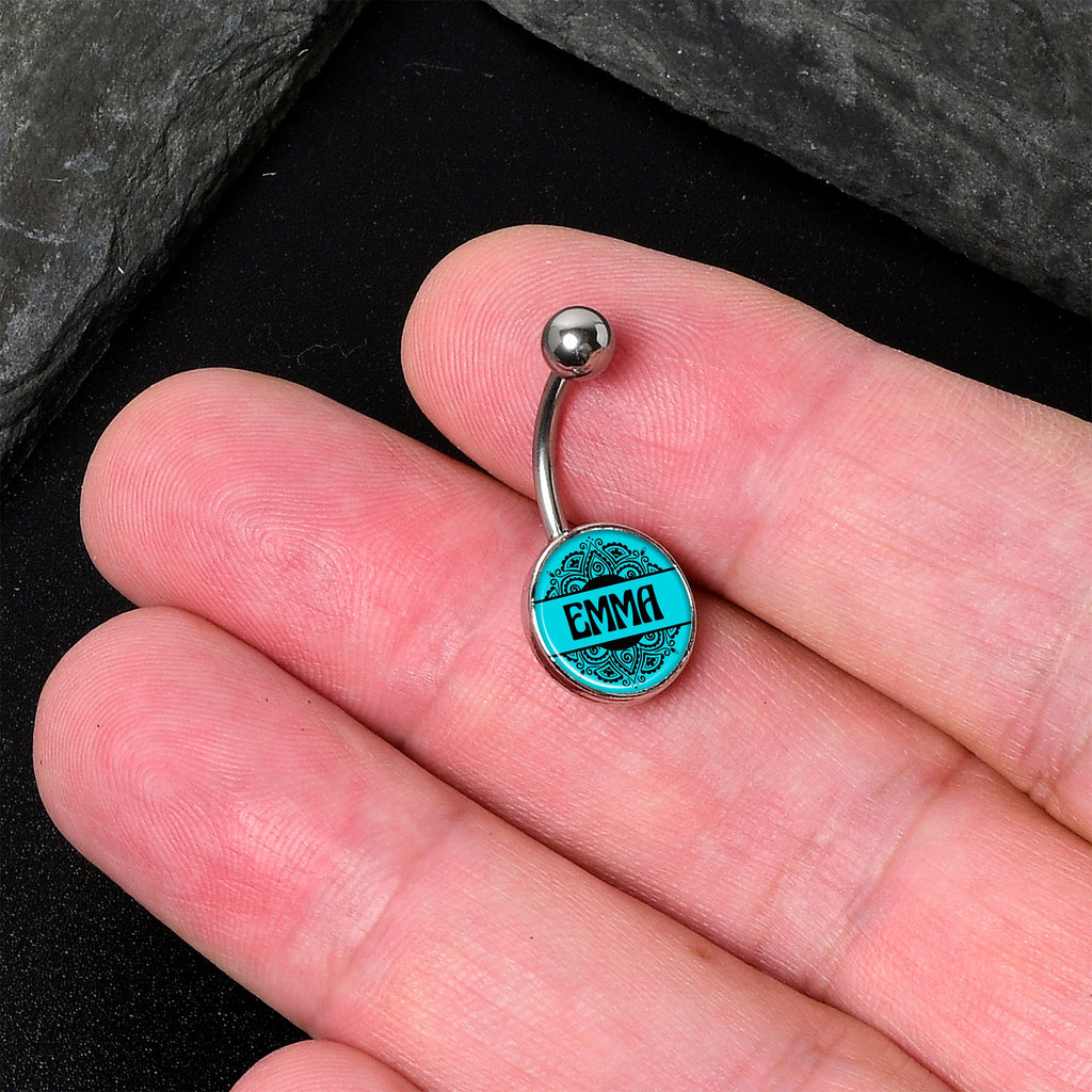 BodyCandy BodyCandy Custom Teal Mandala Personalized Name Belly Ring — detail and construction