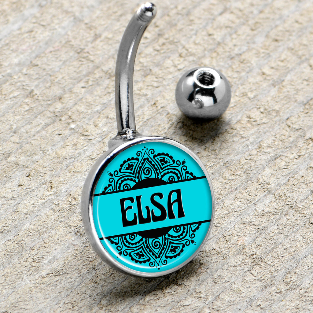 BodyCandy BodyCandy Custom Teal Mandala Personalized Name Belly Ring — branding close-up