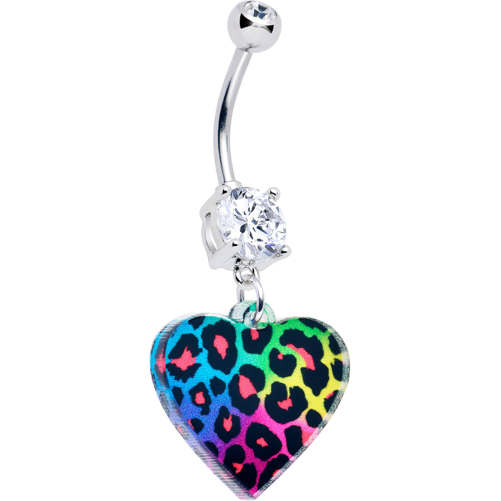 BodyCandy Acrylicious Rainbow Cheetah Print Heart Dangle Belly Ring by Onyx O — main product shot