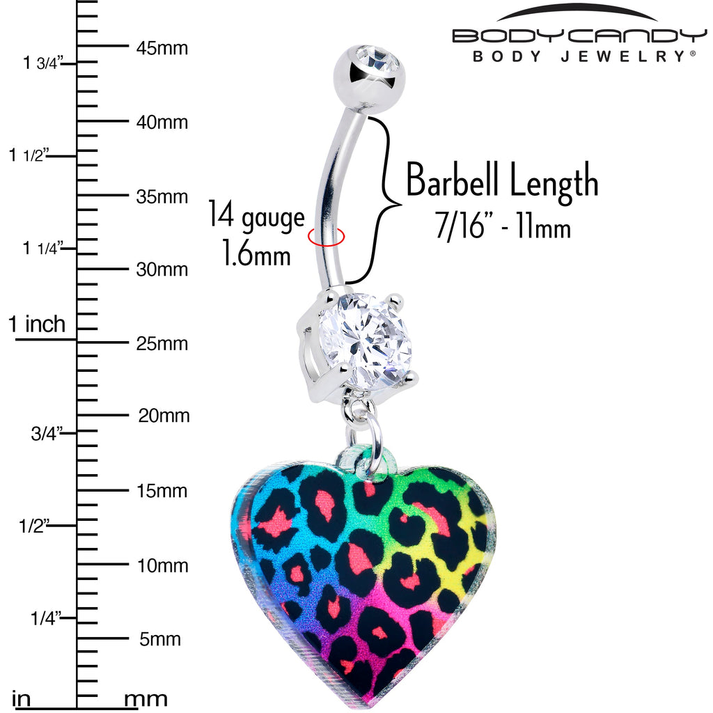 BodyCandy Acrylicious Rainbow Cheetah Print Heart Dangle Belly Ring by Onyx O — detail close-up