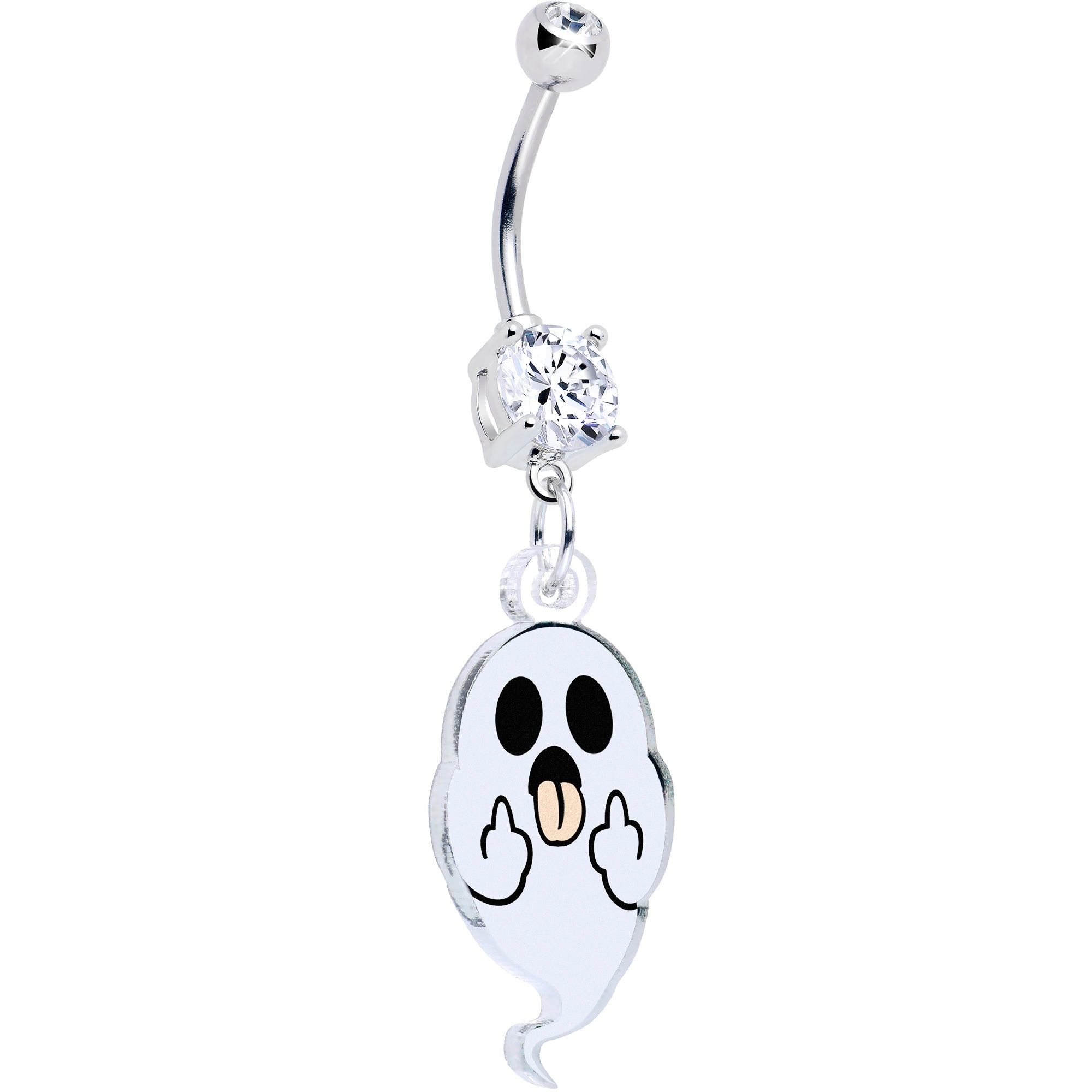 BodyCandy Acrylicious Sassy Spirit Middle Finger Ghost Dangle Belly Ring by Onyx O — main product shot