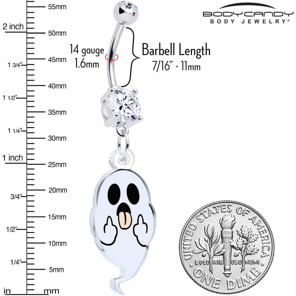 BodyCandy Acrylicious Sassy Spirit Middle Finger Ghost Dangle Belly Ring by Onyx O — detail close-up
