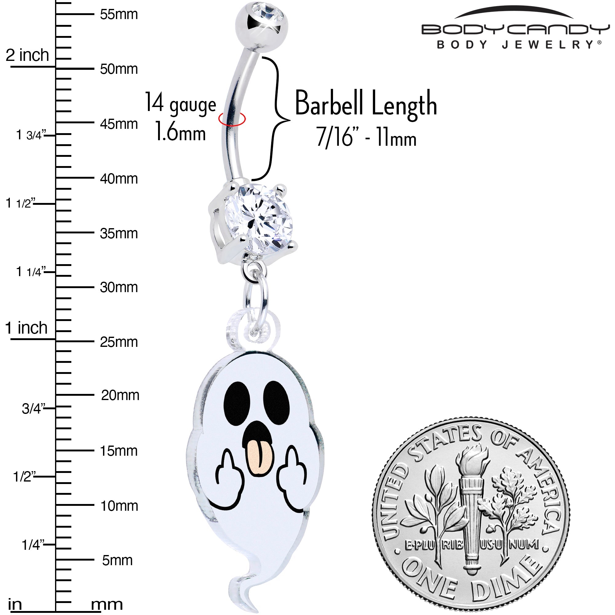 BodyCandy Acrylicious Sassy Spirit Middle Finger Ghost Dangle Belly Ring by Onyx O — detail close-up