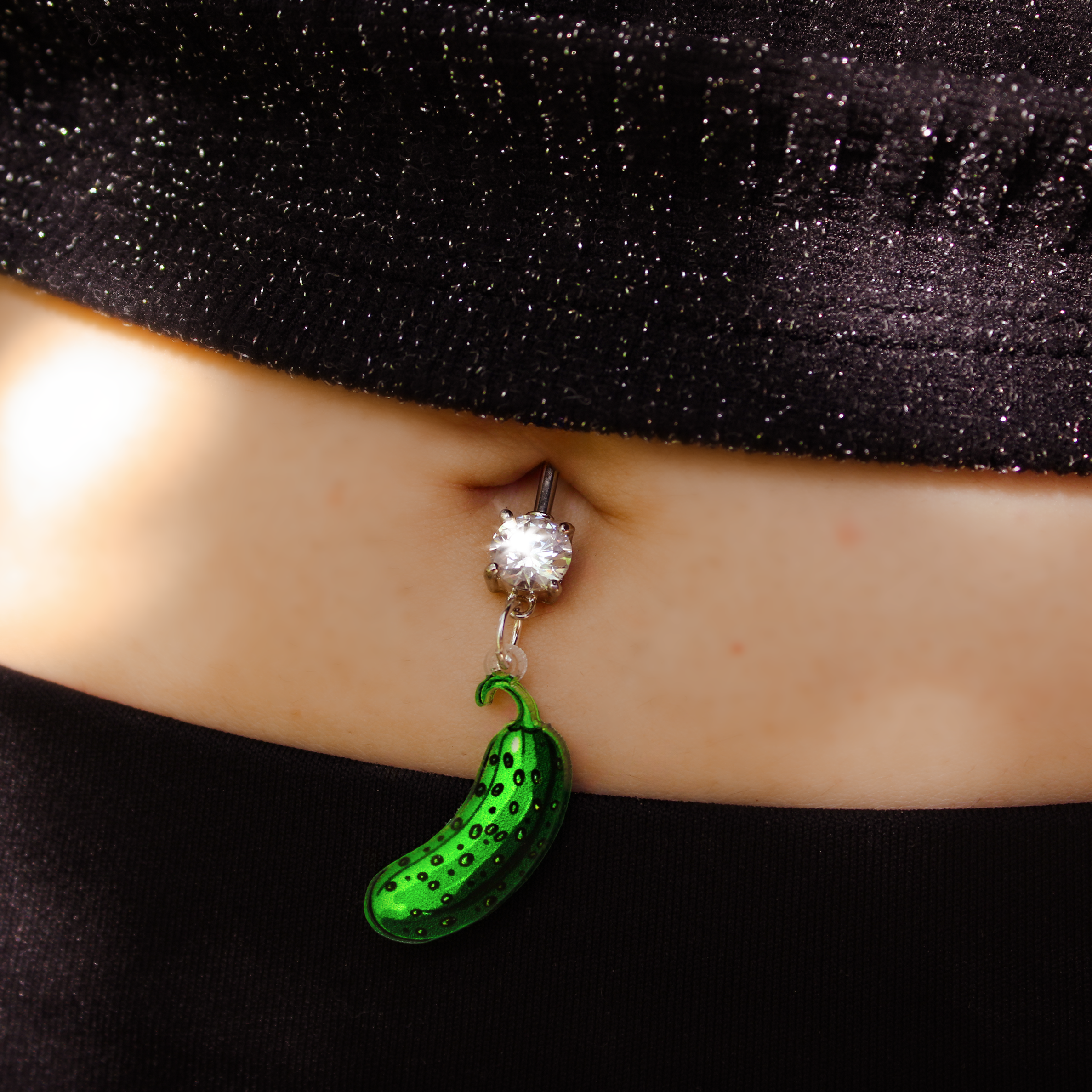 BodyCandy Acrylicious  Funky Green Pickle Dangle Belly Ring by Onyx O — detail close-up