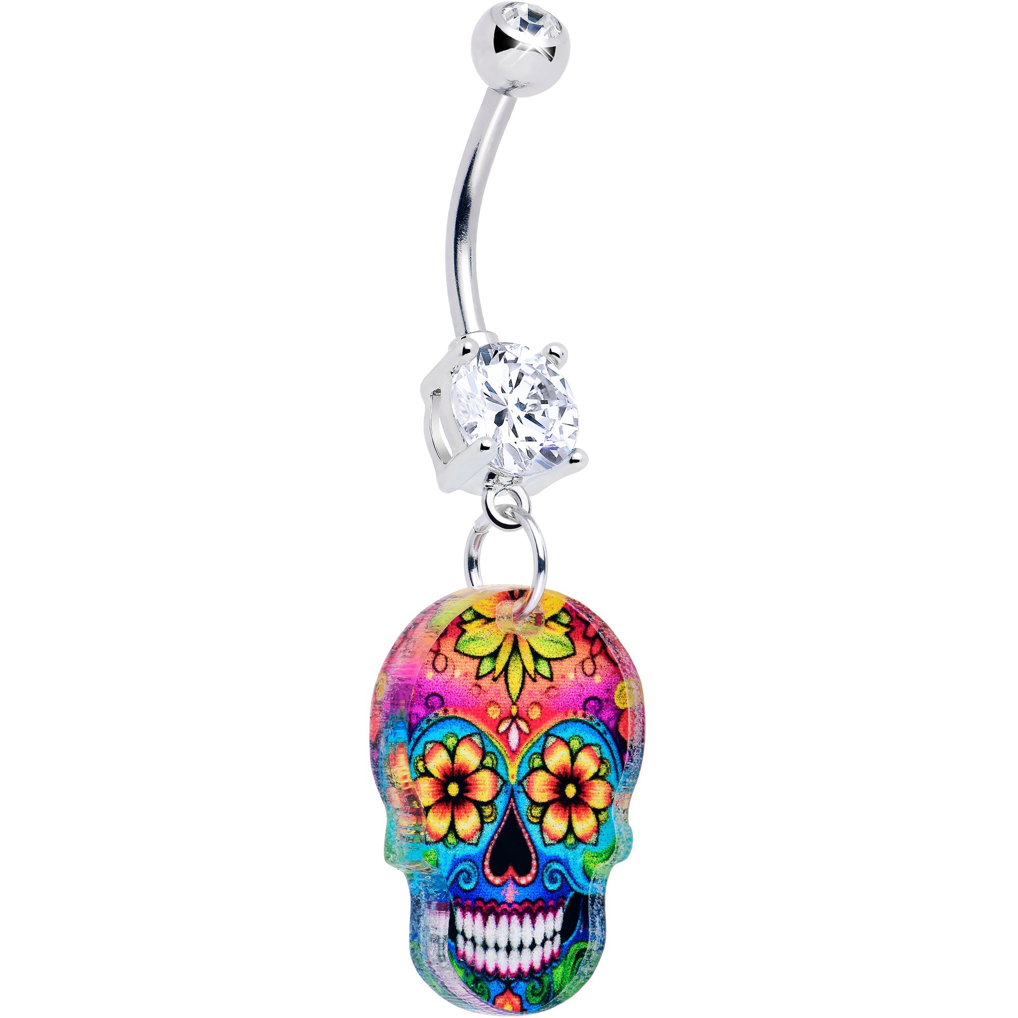 BodyCandy Acrylicious Vibrant Vibes Sugar Skull Dangle Belly Ring — detail close-up