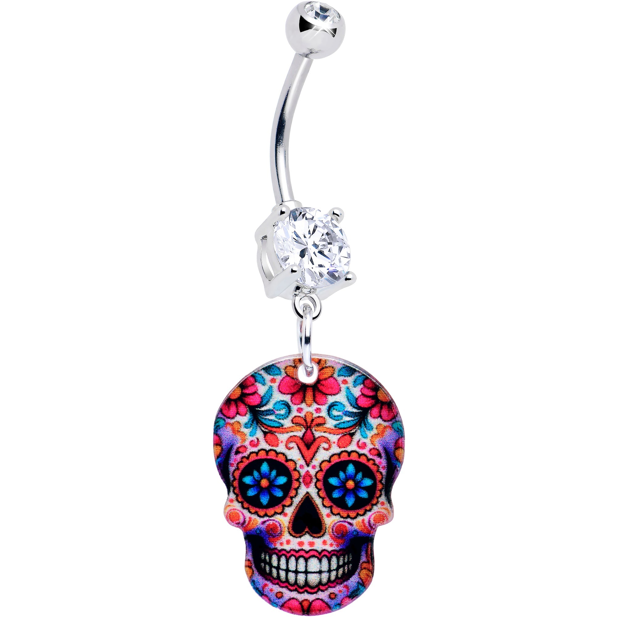 BodyCandy Acrylicious Happy Sugar Skull Dangle Belly Ring — detail close-up