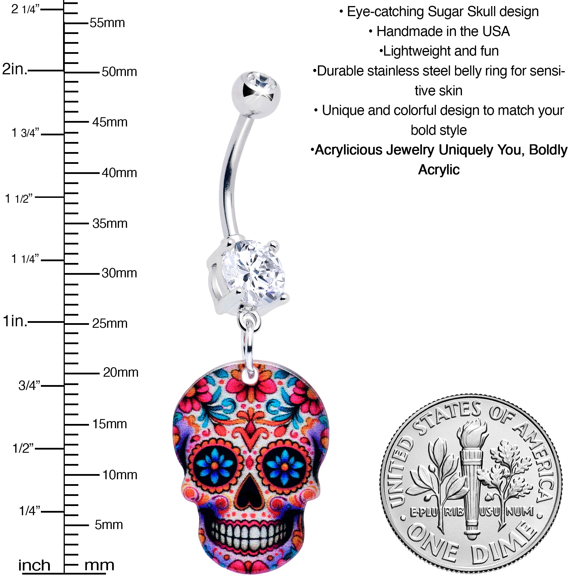 BodyCandy Acrylicious Happy Sugar Skull Dangle Belly Ring — side view