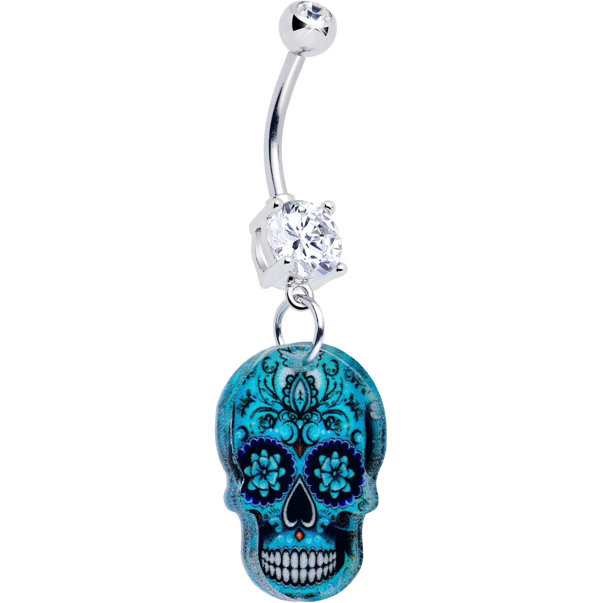 BodyCandy Acrylicious Shades of Aqua Sugar Skull Dangle Belly Ring — main product shot