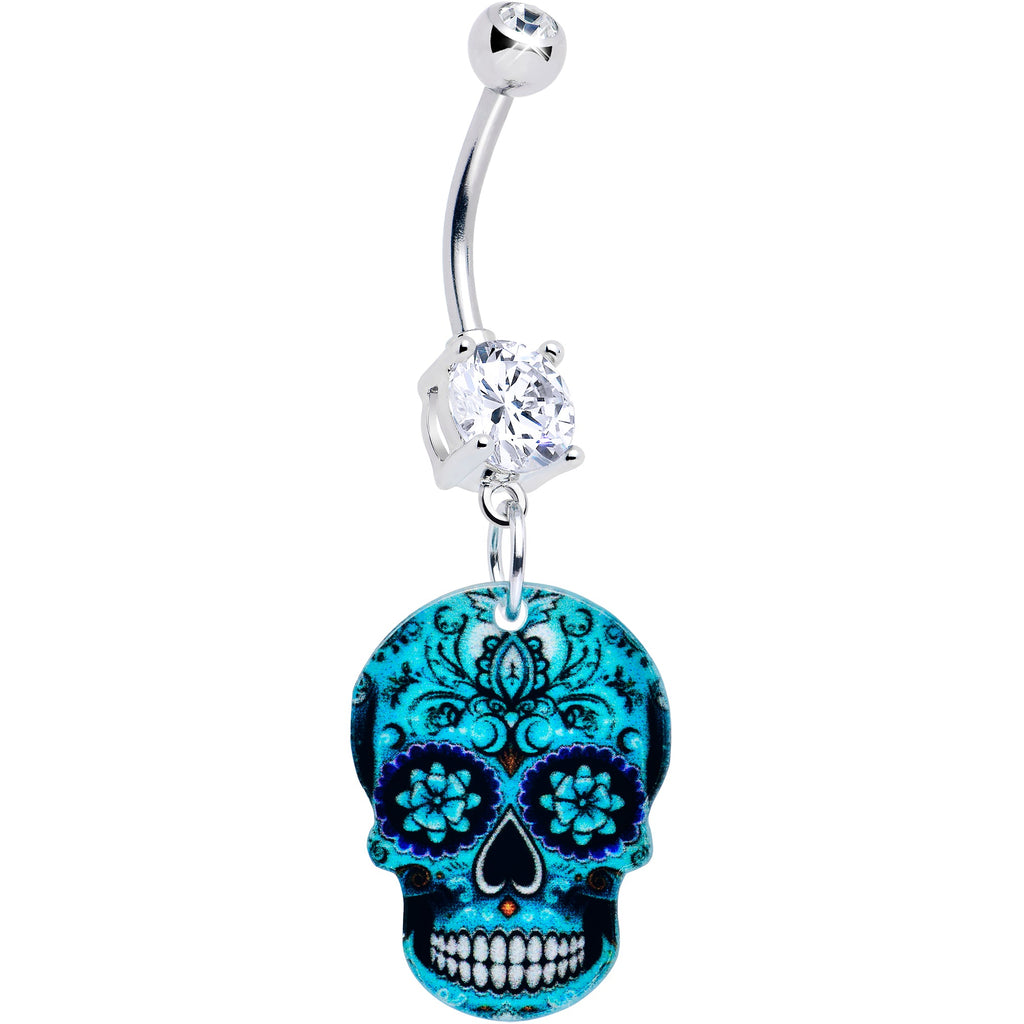 BodyCandy Acrylicious Shades of Aqua Sugar Skull Dangle Belly Ring — detail close-up