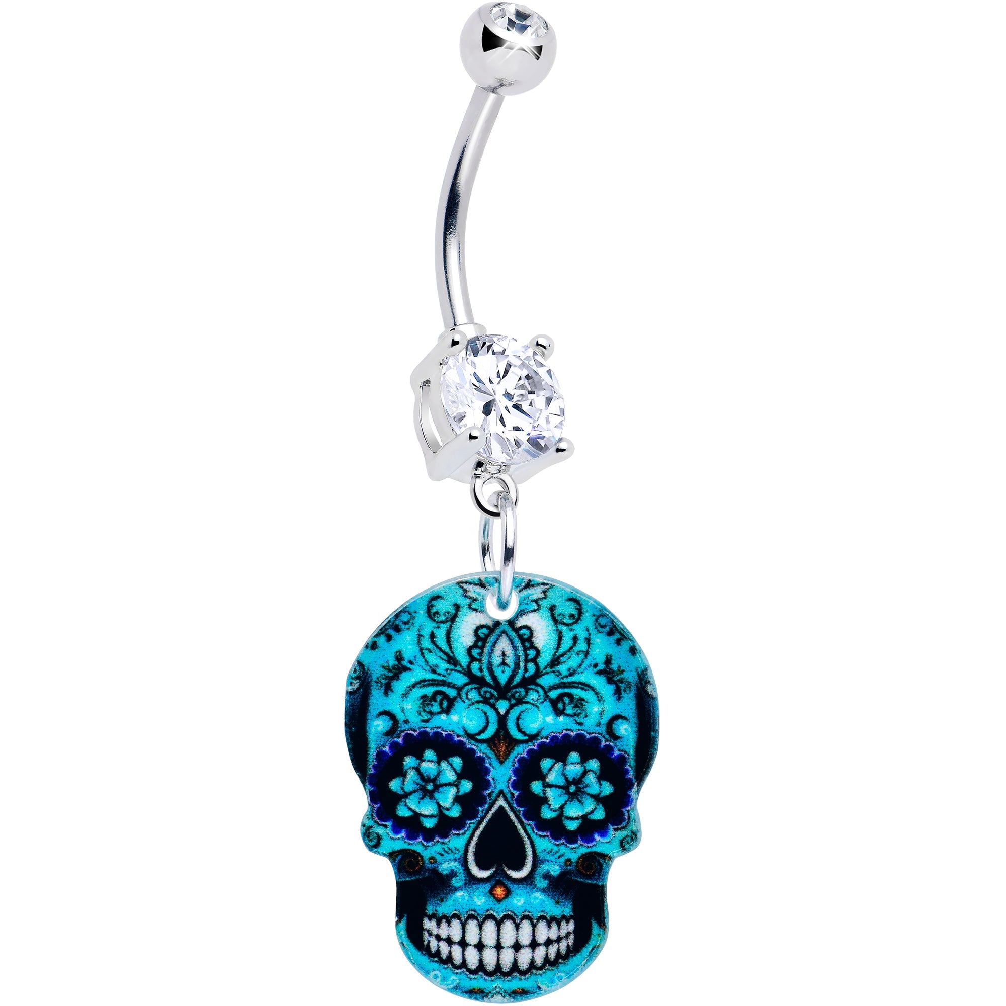 BodyCandy Acrylicious Shades of Aqua Sugar Skull Dangle Belly Ring — detail close-up