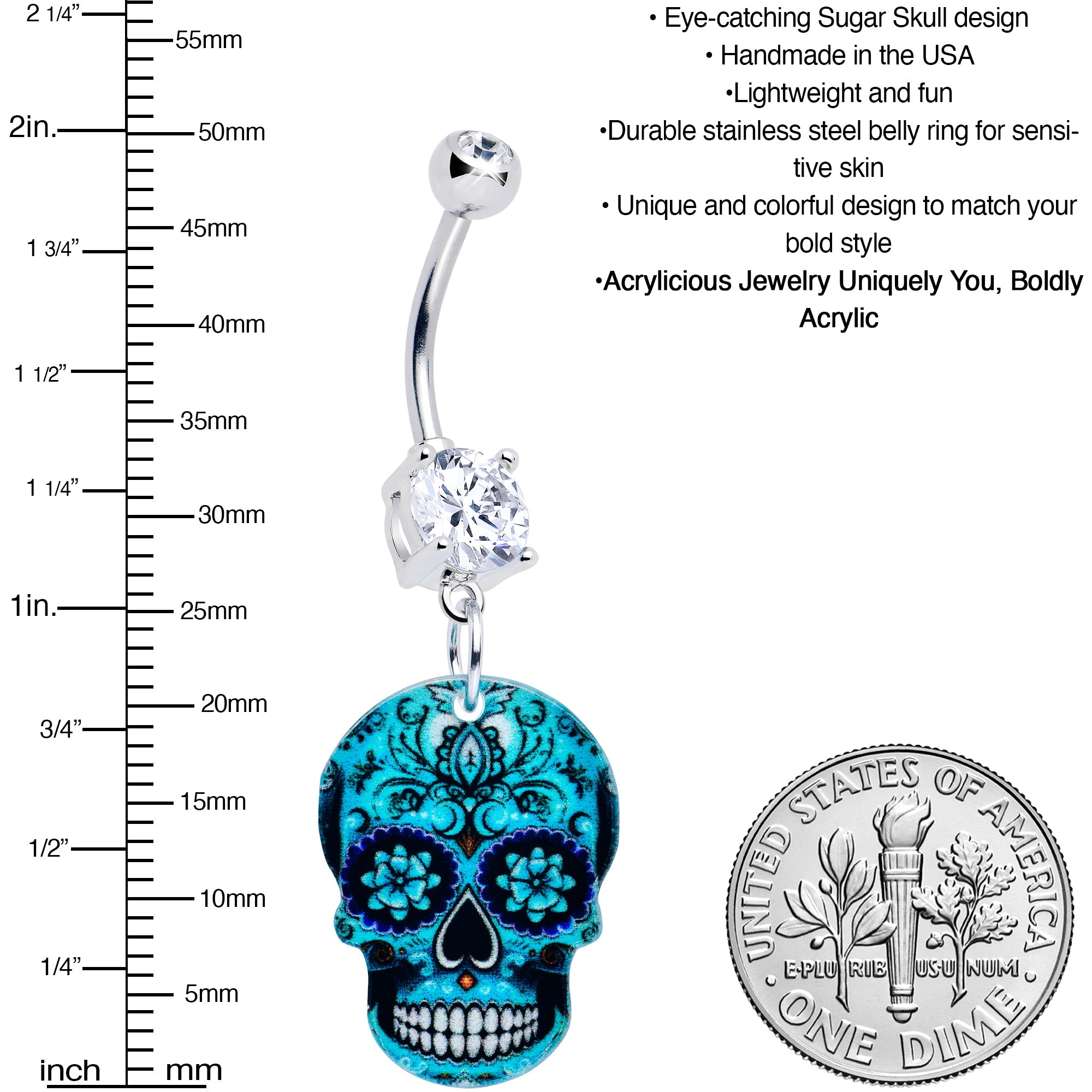 BodyCandy Acrylicious Shades of Aqua Sugar Skull Dangle Belly Ring — lifestyle context
