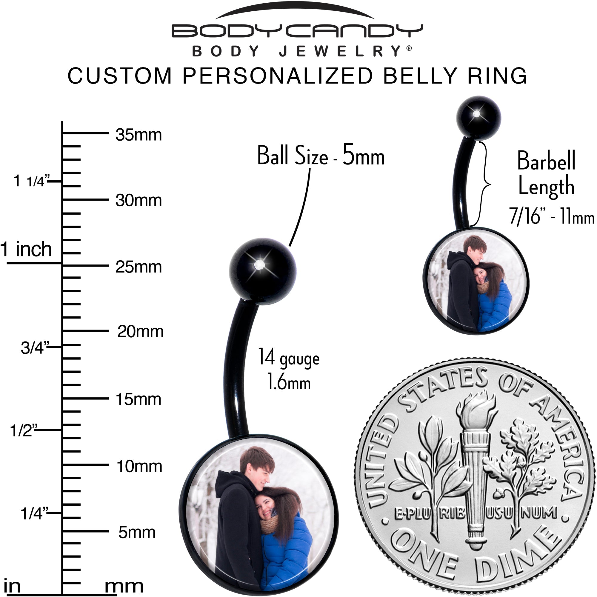 BodyCandy Black Anodized Titanium Custom Photo Belly Ring — size reference