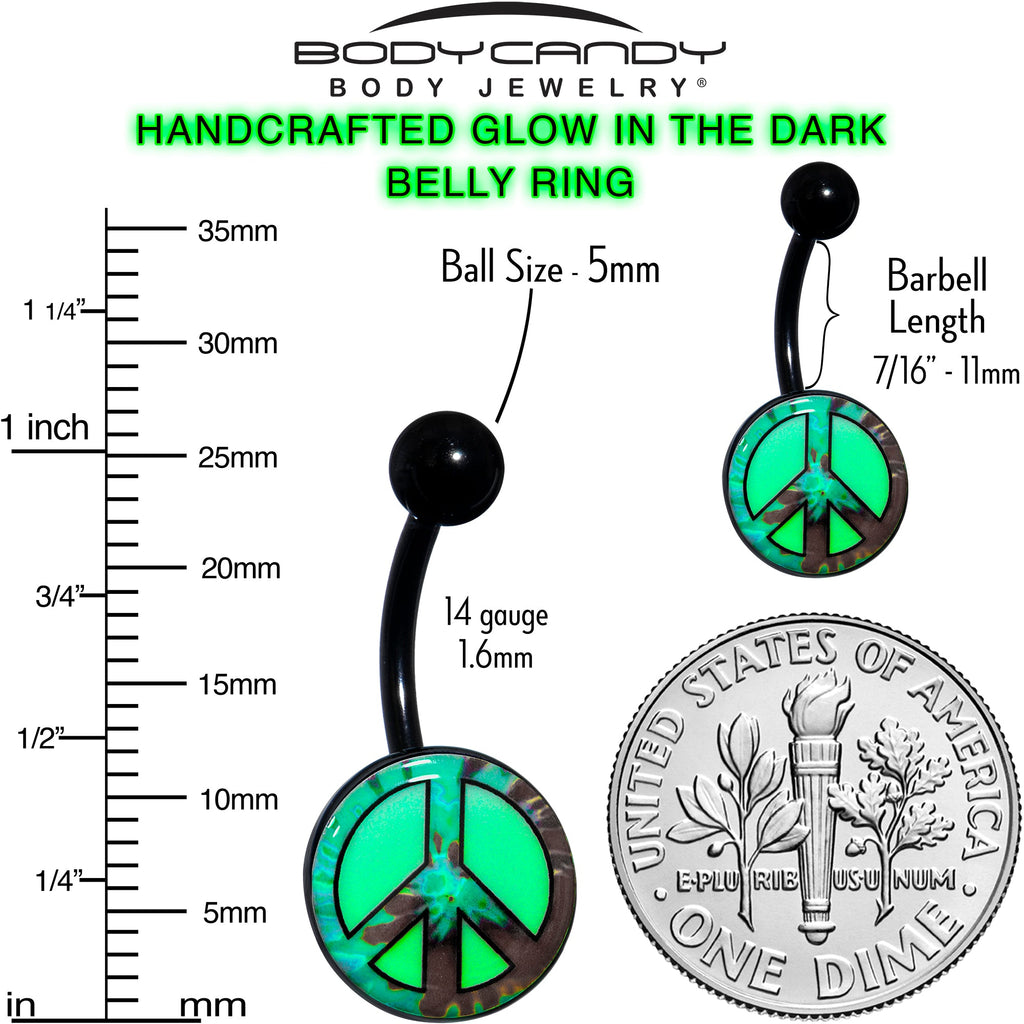 BodyCandy Glow in the Dark Titanium Tie Dyed Peace Sign Belly Ring — size reference