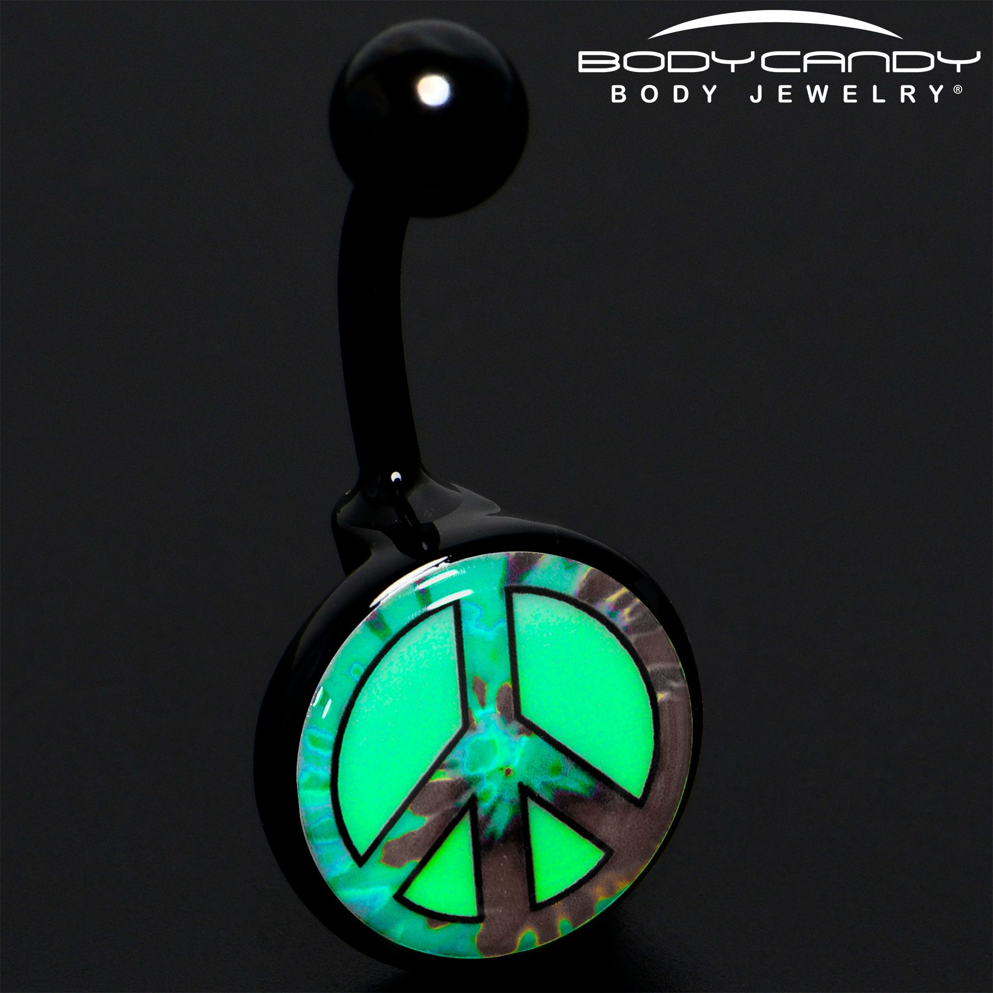 BodyCandy Glow in the Dark Titanium Tie Dyed Peace Sign Belly Ring — detail close-up