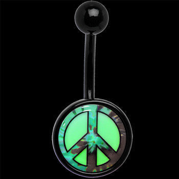 BodyCandy Glow in the Dark Titanium Tie Dyed Peace Sign Belly Ring — side view