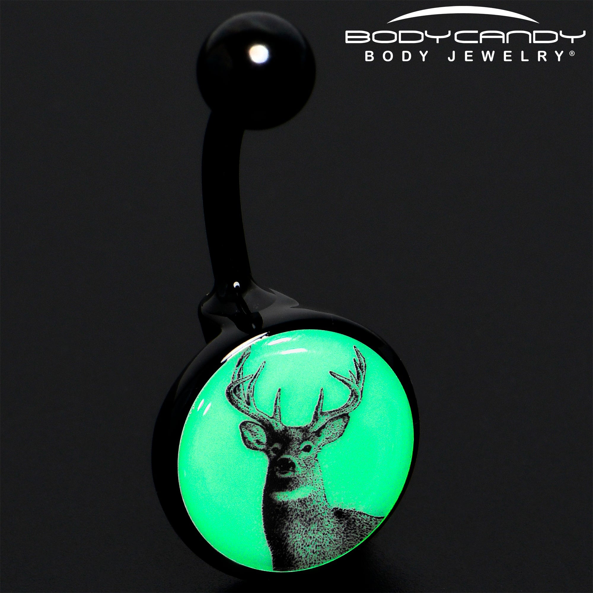 BodyCandy Glow in the Dark Titanium Deer Buck Belly Ring — detail close-up