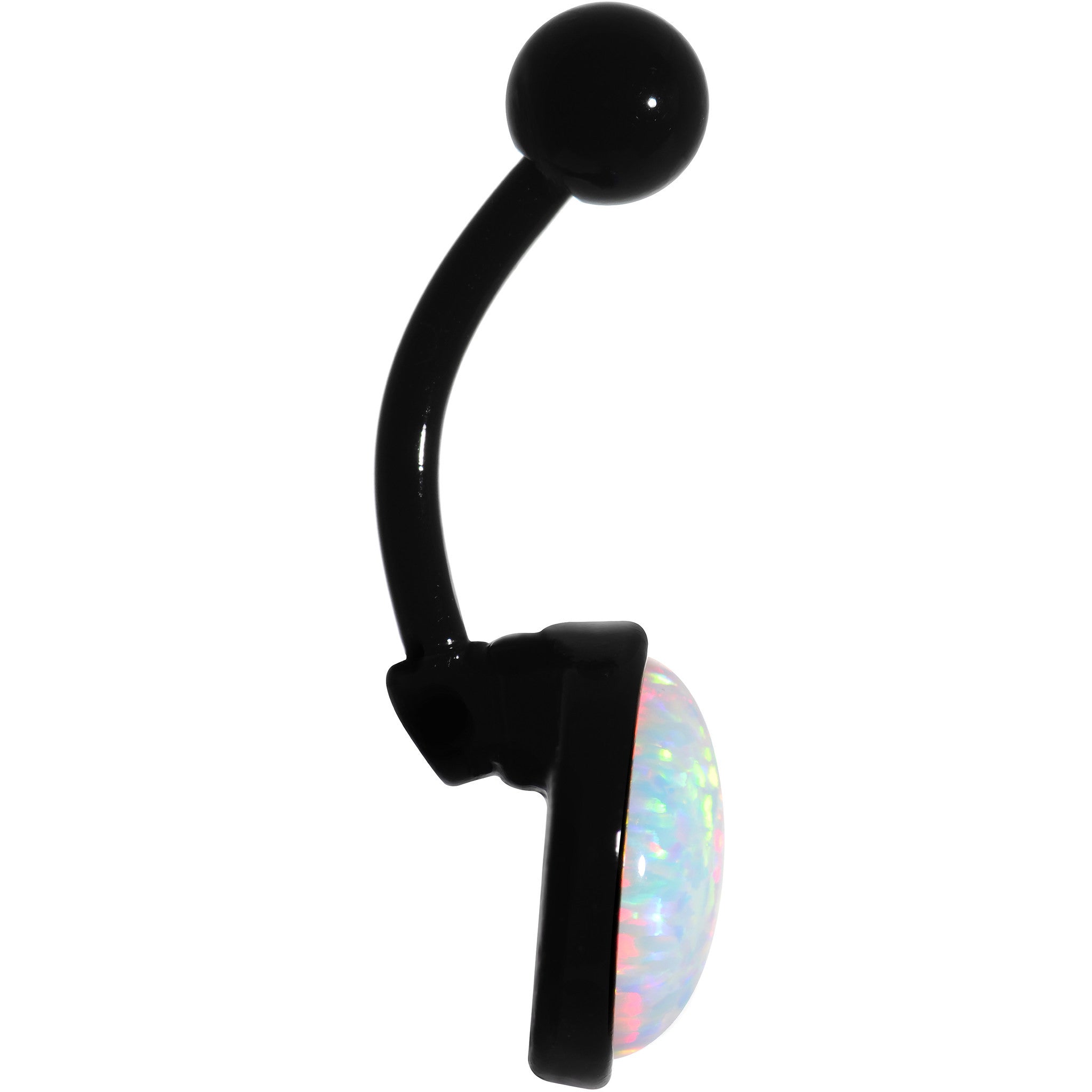 BodyCandy White Synthetic Opal Black Anodized Bottom Mount Belly Ring — detail close-up