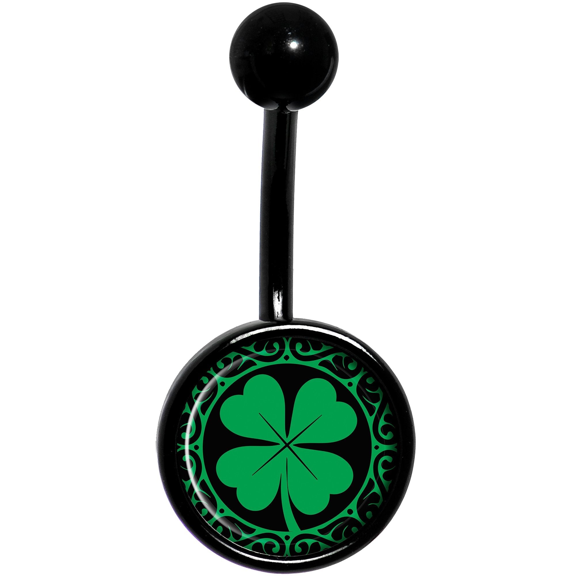 BodyCandy Green St Patricks Day Shamrock Black Belly Ring — detail and construction