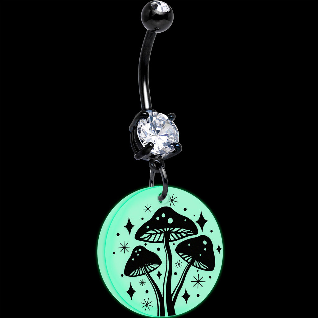 BodyCandy Black Double Gem Glow in the Dark Mystic Mushroom Dangle Belly Ring by Onyx O — detail close-up