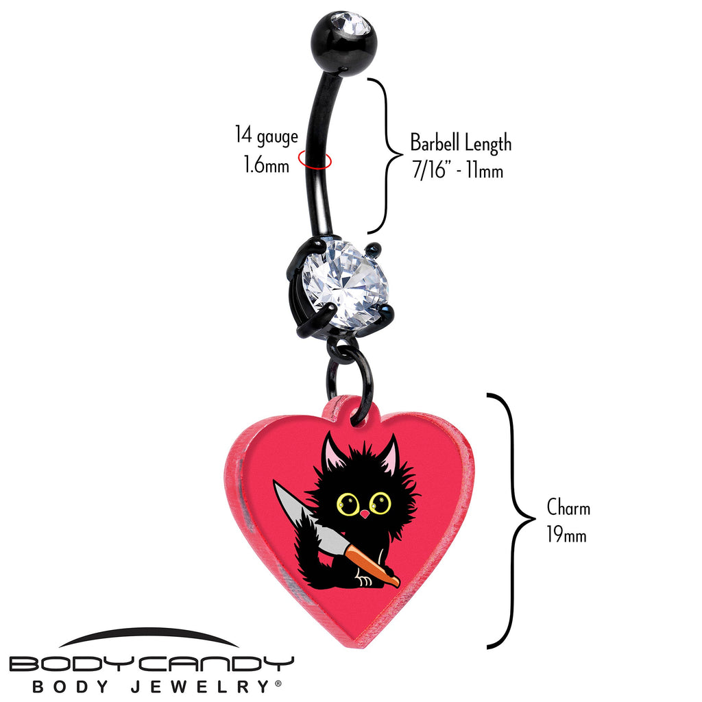 BodyCandy Black Double Gem Heart Staby Cat Dangle Belly Ring by Onyx O — detail close-up