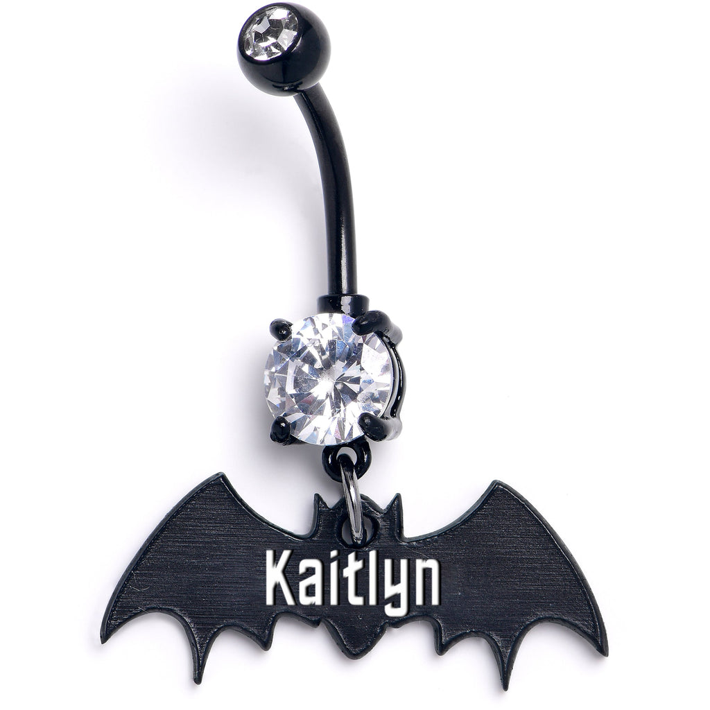 BodyCandy Custom Clear Gem Black Bat Personalized Dangle Belly Ring — detail close-up