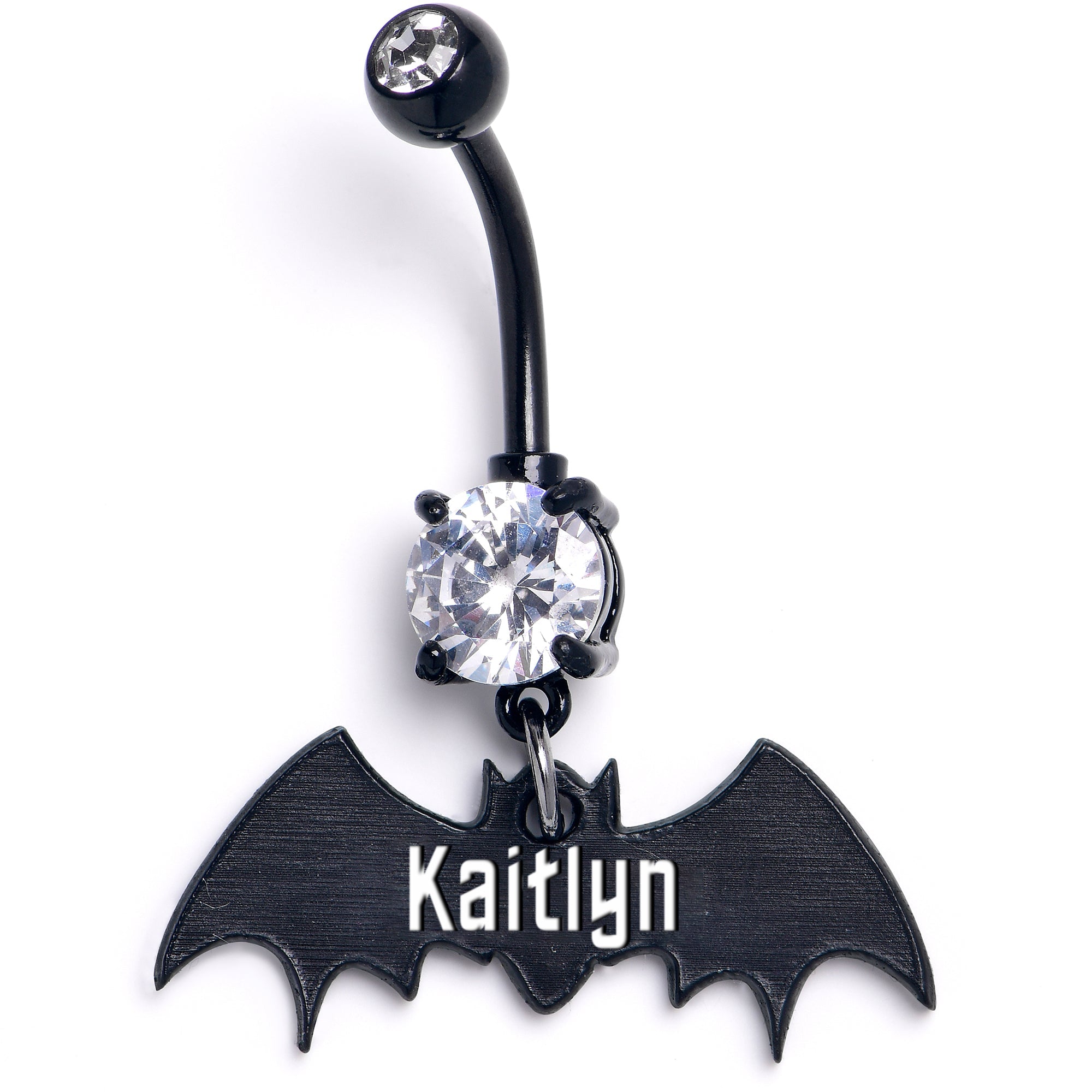 BodyCandy Custom Clear Gem Black Bat Personalized Dangle Belly Ring — detail close-up