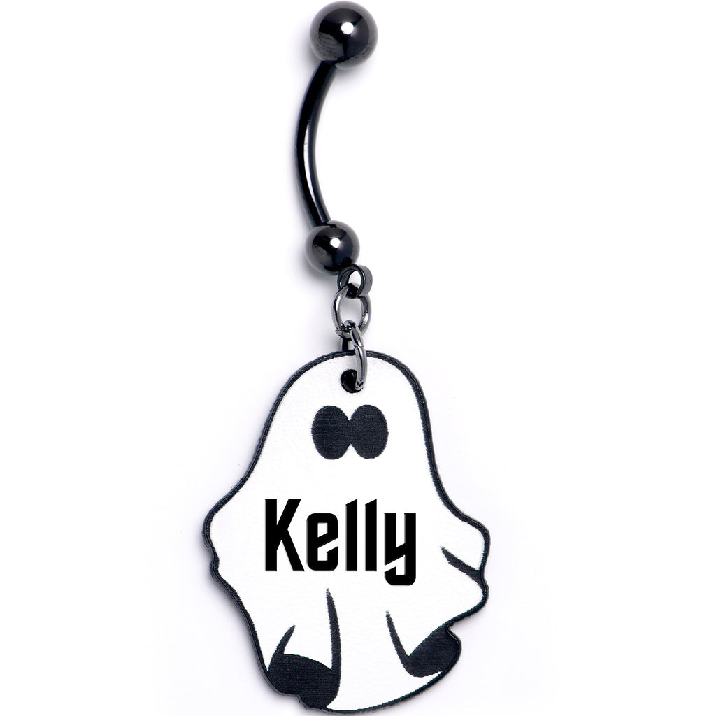 BodyCandy Custom Black Halloween Ghost Personalized Dangle Belly Ring — detail close-up