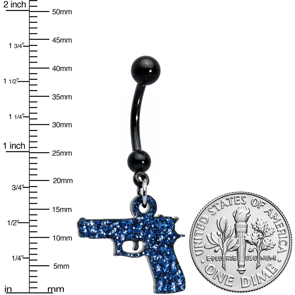 BodyCandy Blue Glitter Gun Dangle Belly Ring — detail close-up