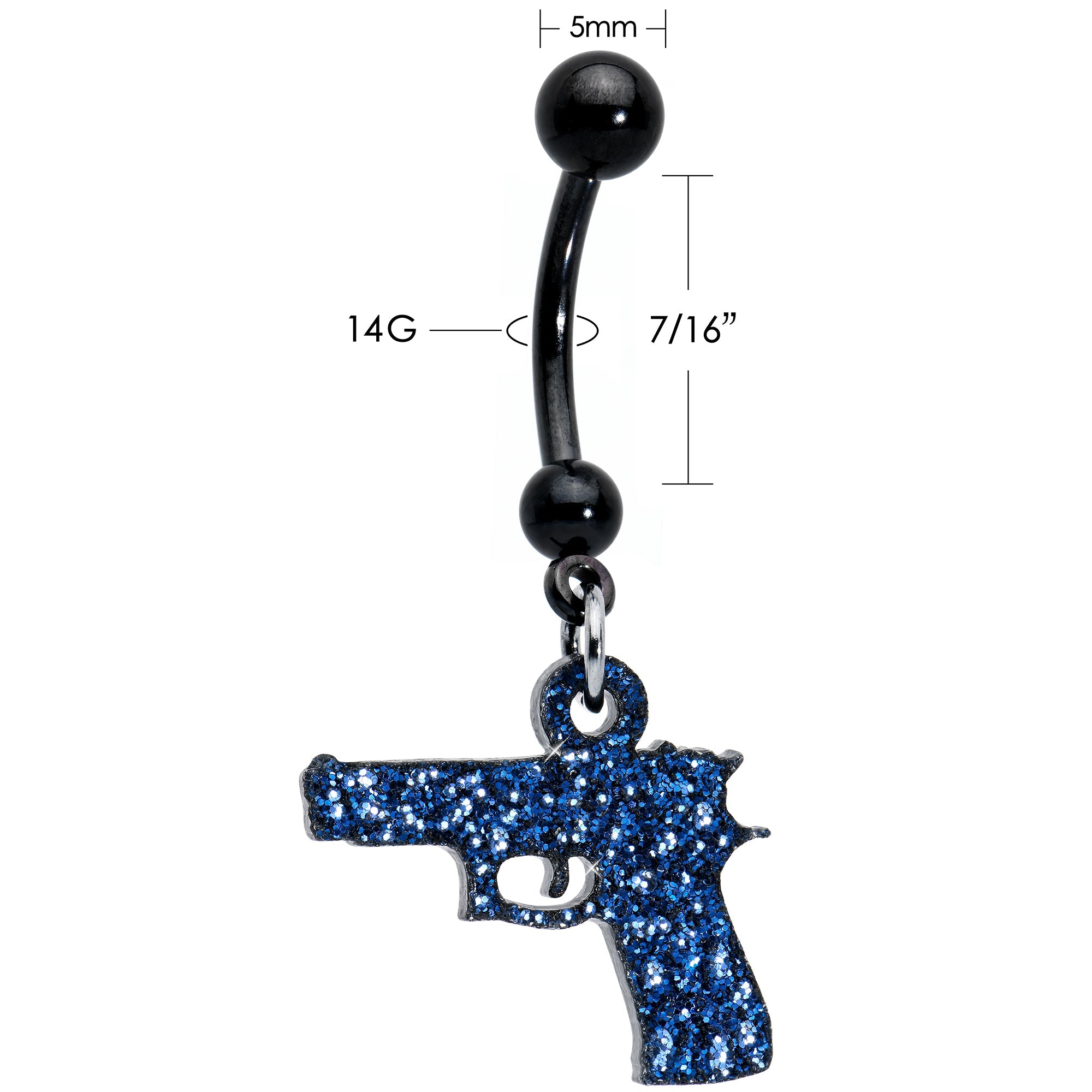 BodyCandy Blue Glitter Gun Dangle Belly Ring — back view