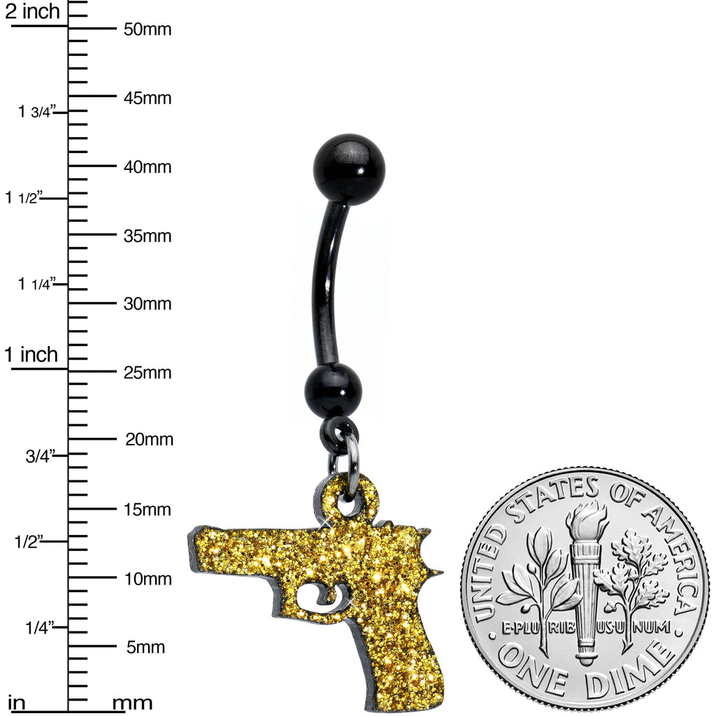 BodyCandy Yellow Glitter Gun Dangle Belly Ring — detail close-up
