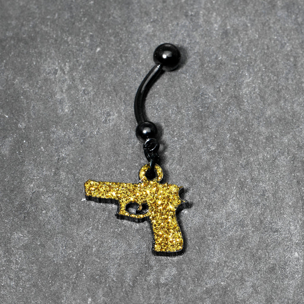 BodyCandy Yellow Glitter Gun Dangle Belly Ring — lifestyle context