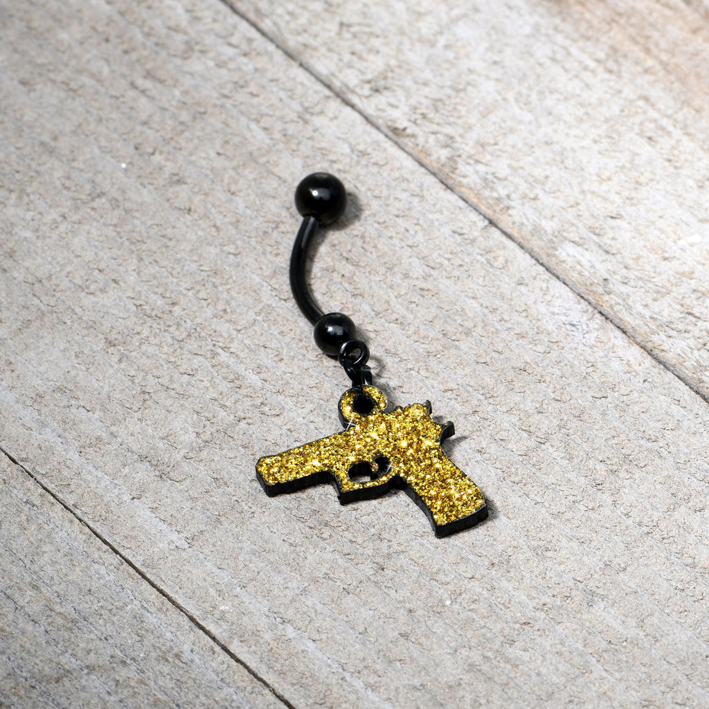 BodyCandy Yellow Glitter Gun Dangle Belly Ring — side view